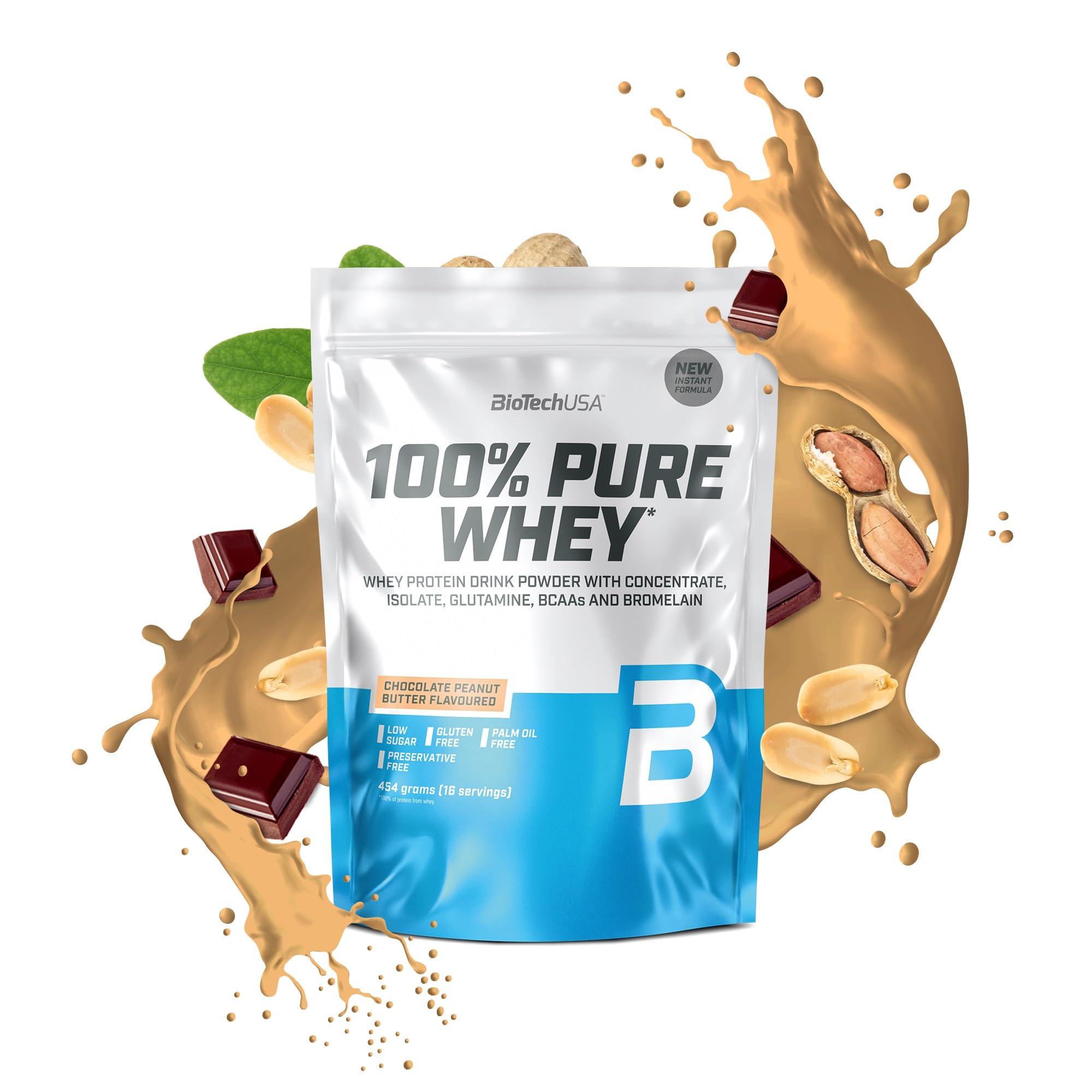 BioTechUSA 100% Pure Whey | Protein Powder with BCAA and Glutamine | Gluten-Free, Palm Oil Free | 21g Protein per Serving, 454 g, Chocolate-Peanut Butter