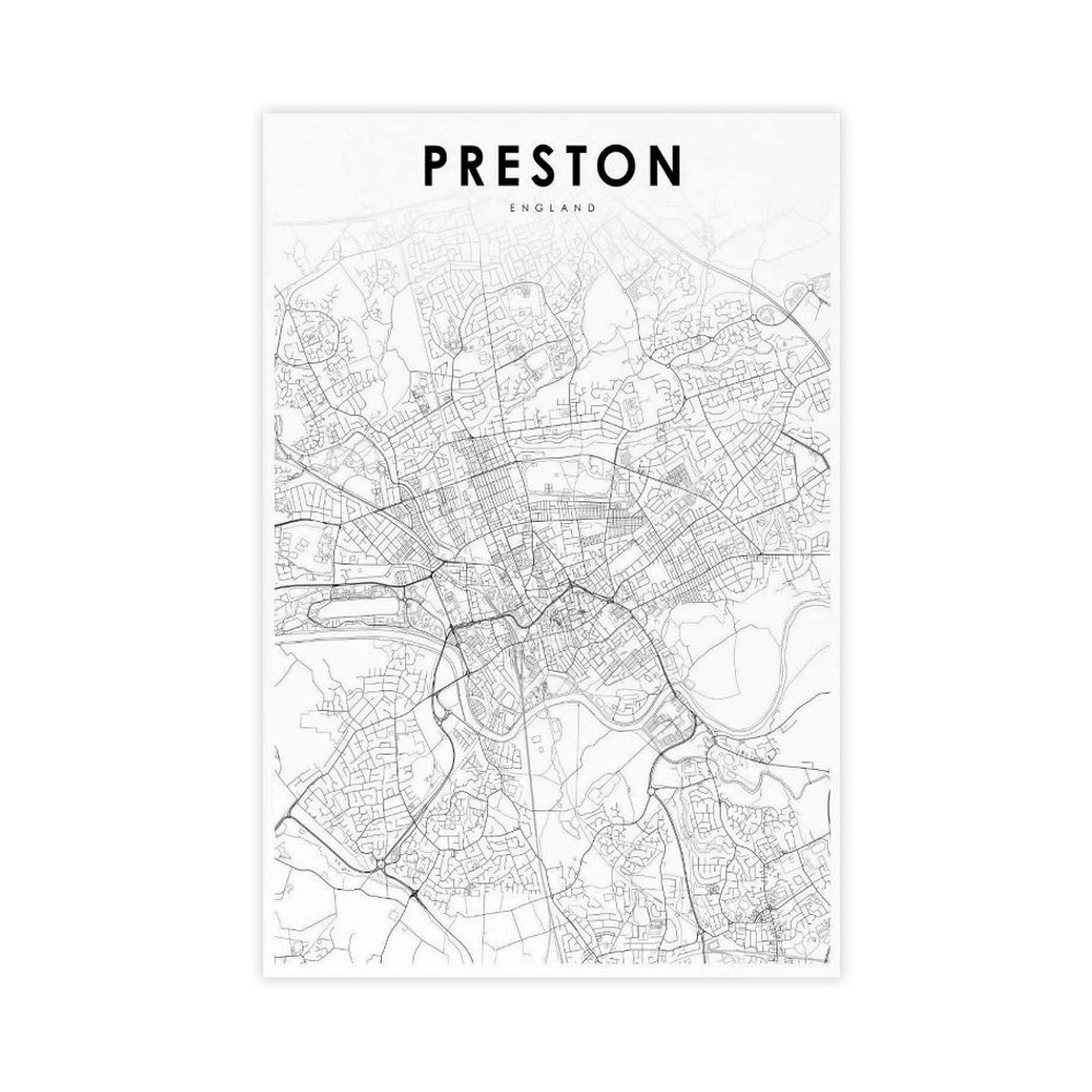 Qogdaf Preston England Map Uk Canvas Poster Wall Art Decor Print Picture Paintings For Living Room Bedroom Decoration 08X12inch(20X30cm)