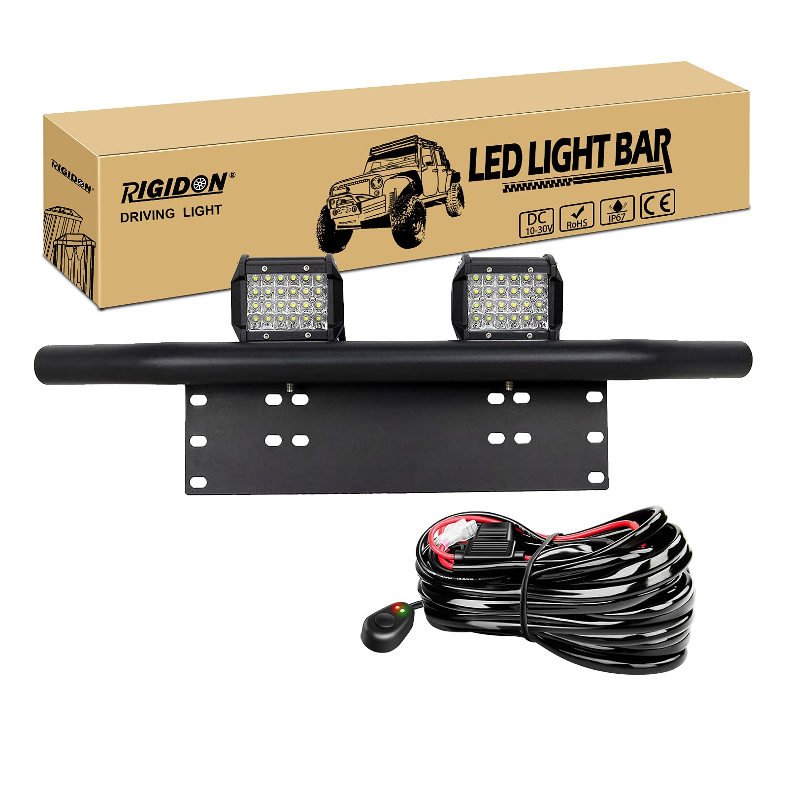 RIGIDON 2 szt. 4 cale 60 W reflektor roboczy LED z numerem rejestracyjnym, uchwyt montażowy tablicy zderzaka i zestaw kabli wiązki przewodów 12 V, światła przeciwmgielne do samochodów terenowych, ciężarówek SUV 4 x 4, 6000 K