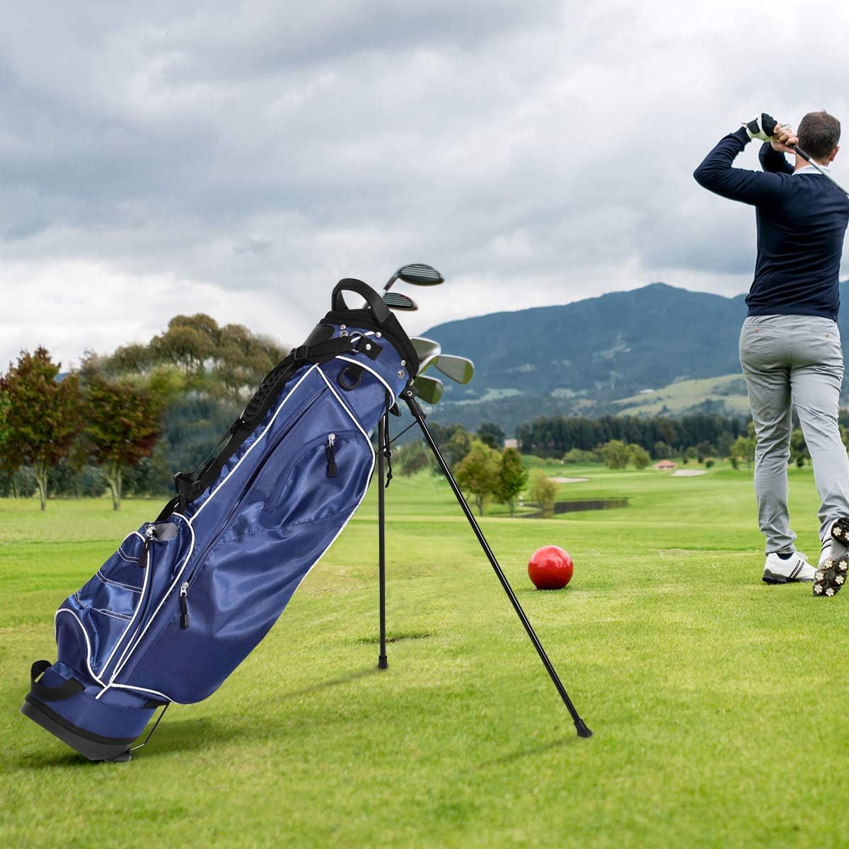 FANTASK Golfbag, leichte Golftasche mit Kopfteil & Tragegurt, tragbare Golf Stand Bag mit Standfüßen, Regenhaube & 4-facher Unterteilung, Pencil Bag für Damen & Herren, blau