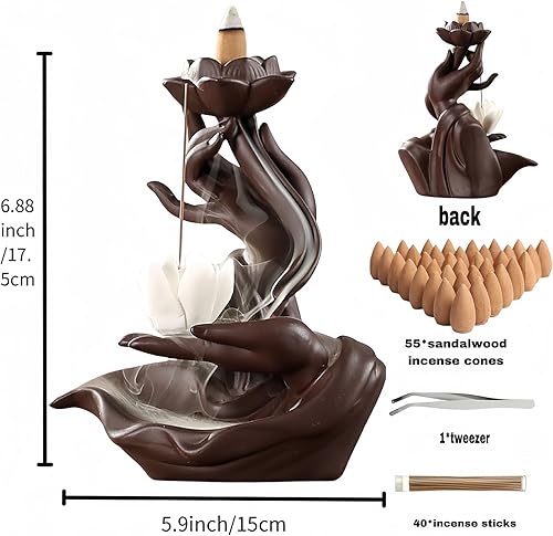 Miniatura 2 de RE RELIURE Lotus in Hand - Quemador de incienso cermánico con reflujo cerámico, quemador de incienso en cascada con 50 conos de soporte de incienso