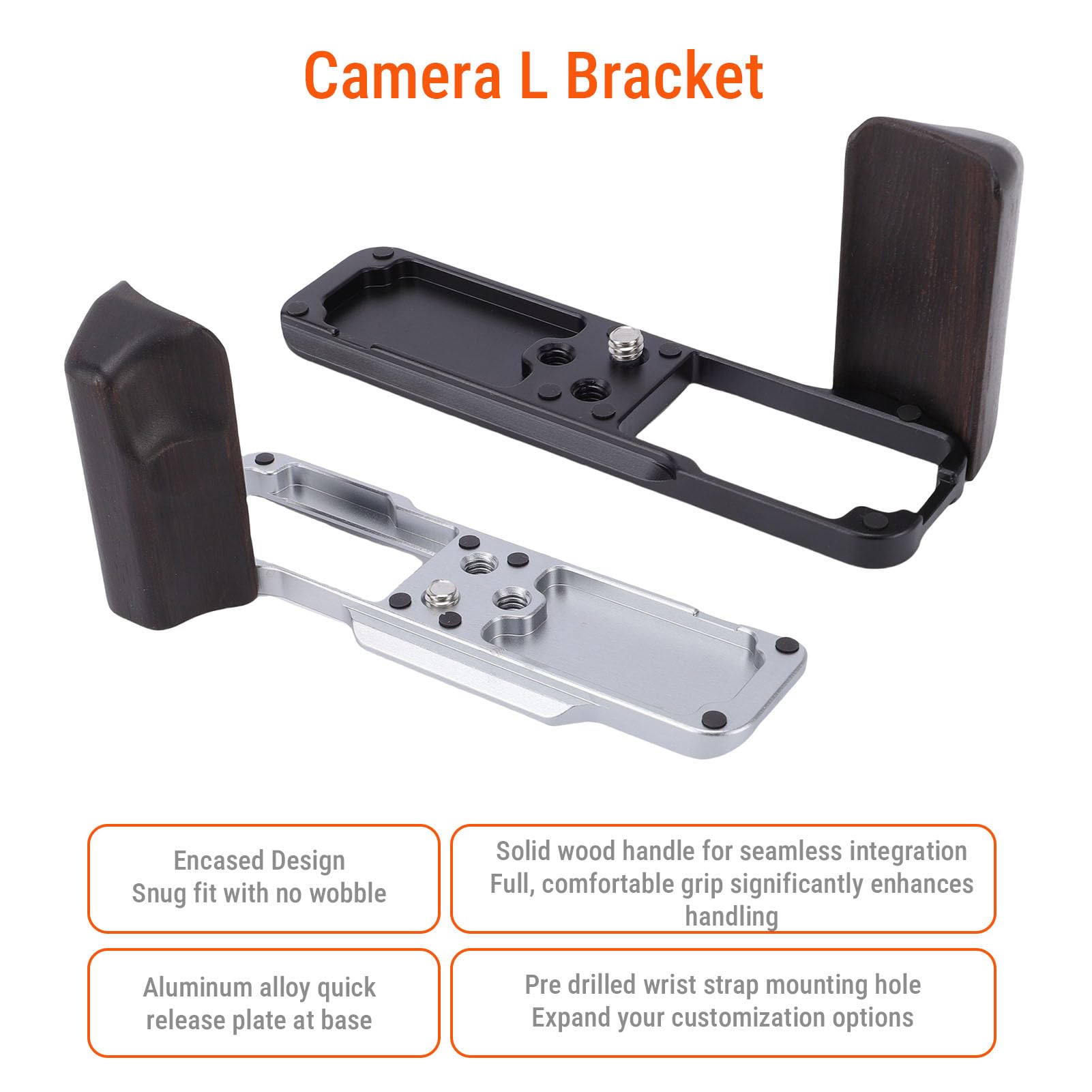 Staffa a L per fotocamera con impugnatura in legno, ergonomica, per X 100VI in lega di alluminio da 1/4", 1 unità (argento)