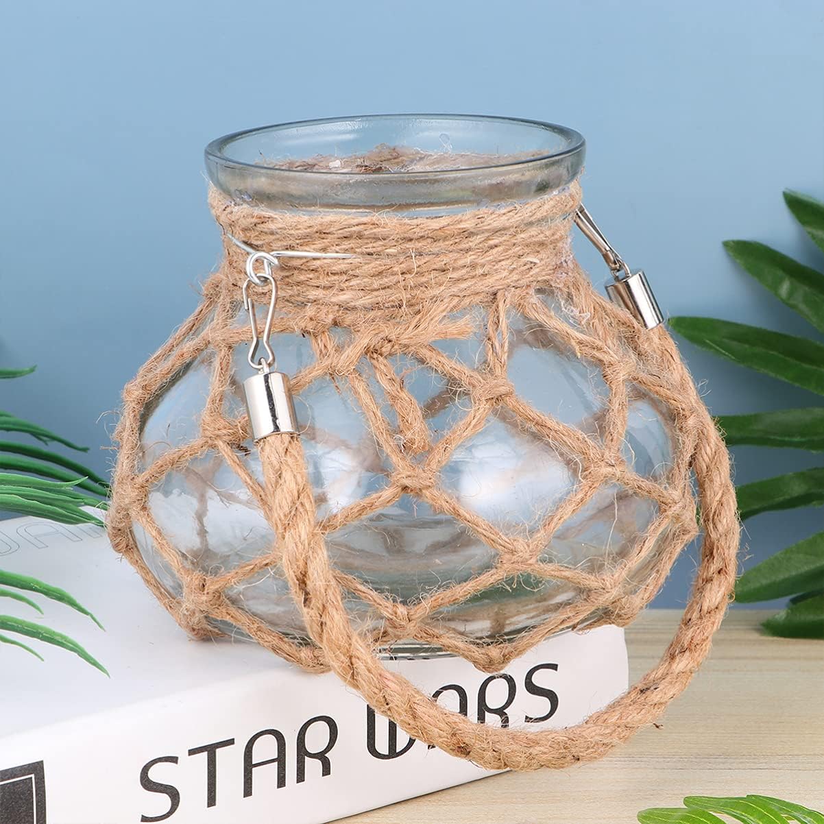 Glass Jar Vase Rope Rustic Rope Net Flower Vase Decorative Dry Flower Glass with Handle Hydroponics Green Plant Container Clear