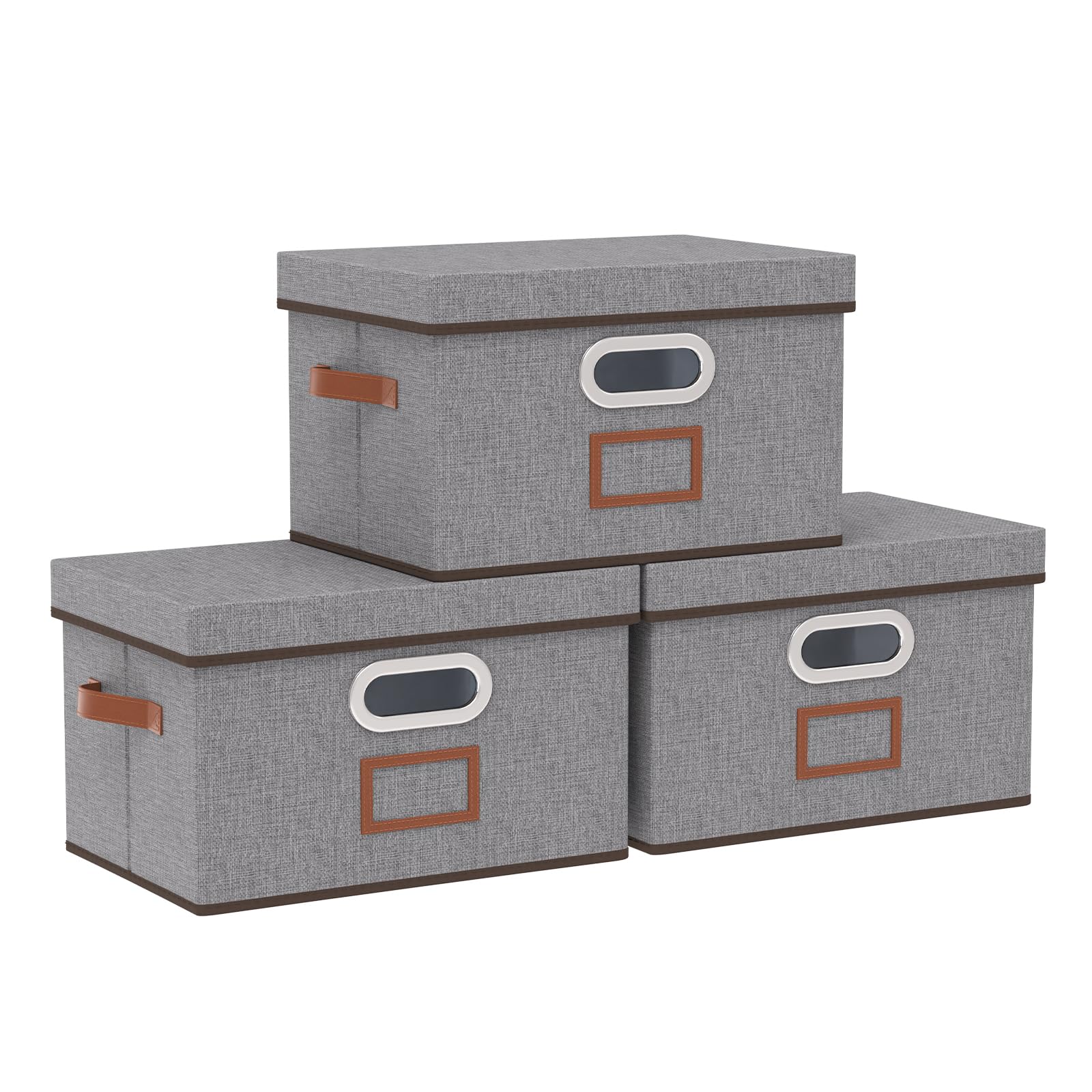 OUTBROS Lot de 3 Paniers de Rangement, Caisses en Tissu Lavable, Boîte Pliables avec Couvercle et Poignées, pour Vêtement, Magazine pour Maison (Gris, 33 x 23 x 20 cm)