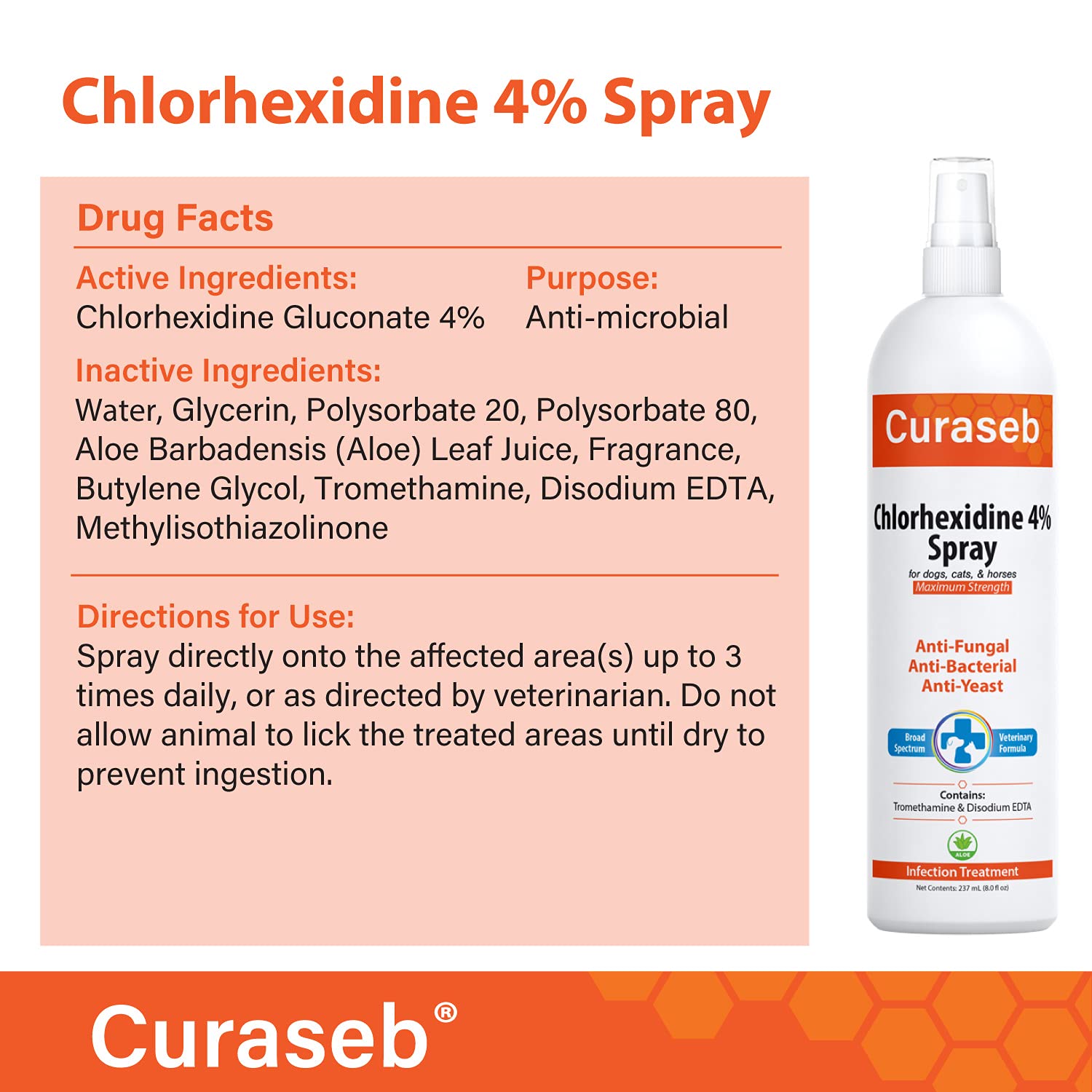 Curaseb Medicated Chlorhexidine 4 Spray for Dogs & Cats Relieves Skin Infections, Paw Licking