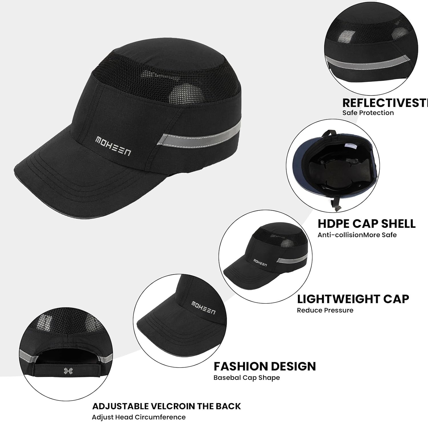 Lightweight Safety Bump Cap - Breathable Baseball Style Protective Hat with Reflective Stripes