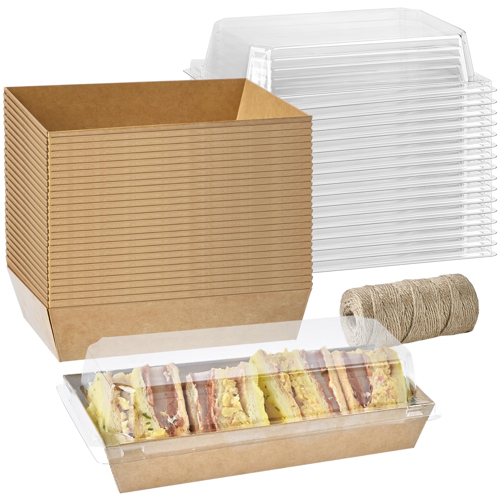 50 Pack Paper Charcuterie Boxes with Clear Lids, 7.5 Inch Small To Go Treat Containers for Desserts, Cookies, Sandwich, Pastry, Strawberries and Cupcakes (Brown)