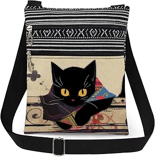 Cat Print Crossbody Bag Black Feline with Multi-Color Messenger Bag Adjustable Shoulder Strap Unique Gift for Art-Loving Sister​​ Travel Stylish Adult Purse Cat Lovers Gift