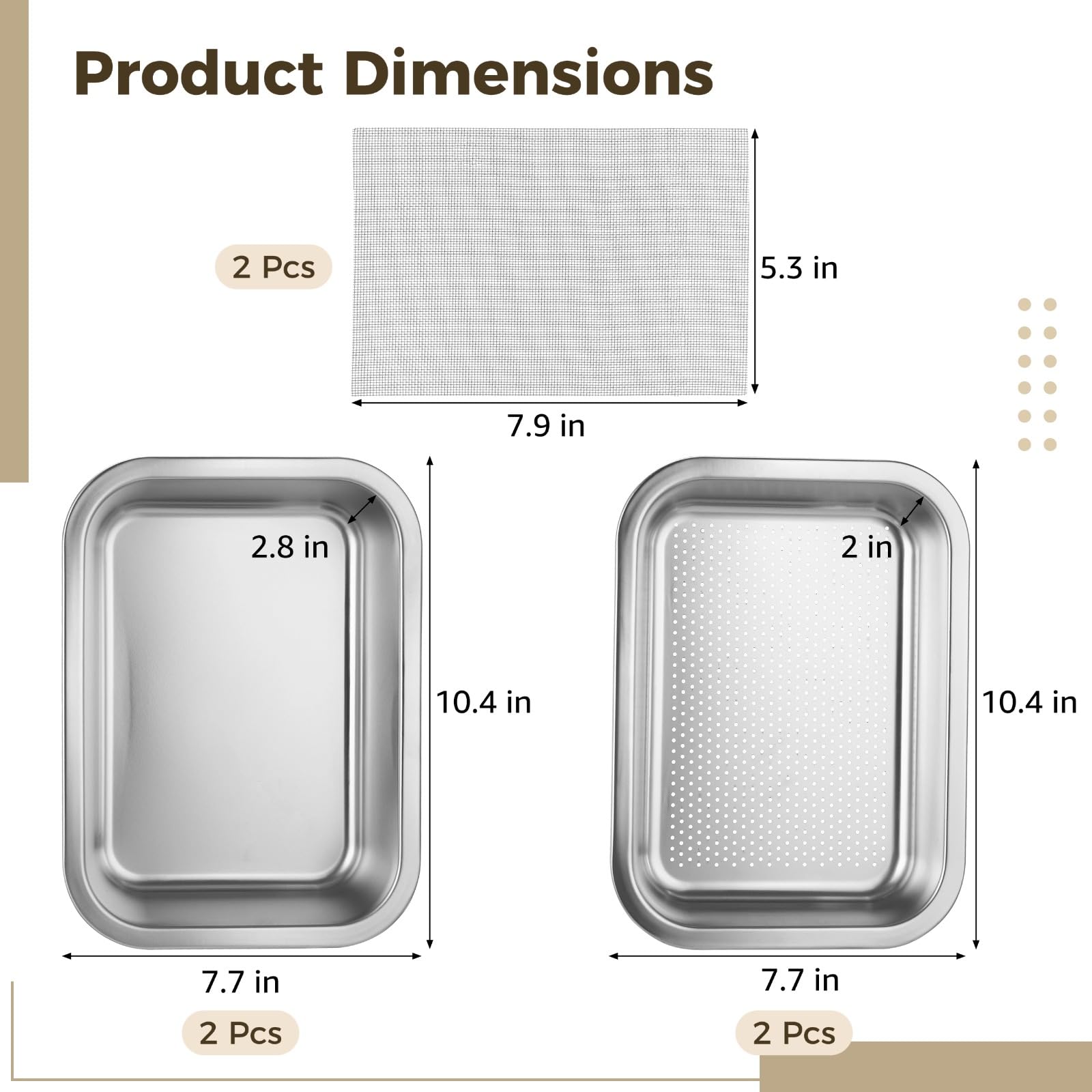 6 Stück Edelstahl Anzuchtschalen-Set, 2 feine Maschen, 2 Abflussbecken und 2 Tabletts, 26,4 x 19,6 cm Sprossen-Keimschalen, Keimset für Sprossen, Katzengras, Weizengras