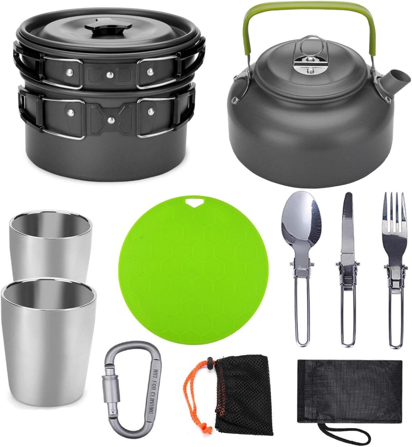 Camping Cookware Cookware Cookware Kit Outdoor Cookware Set with Pots, Kettle, Saucepans and Spatula for Hiking Fishing Picnic, Black