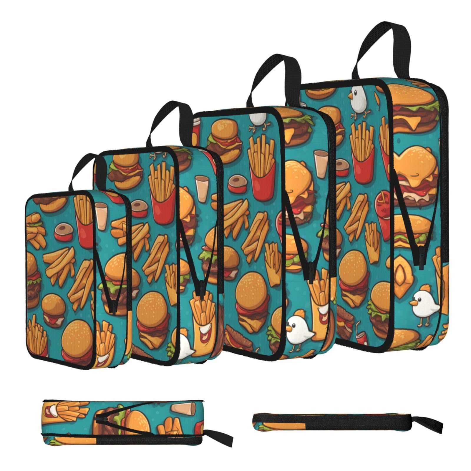 Sxzvvbn Black Lots Of Cartoon Burger Fries Compression Packing Cubes 4 Piece Set