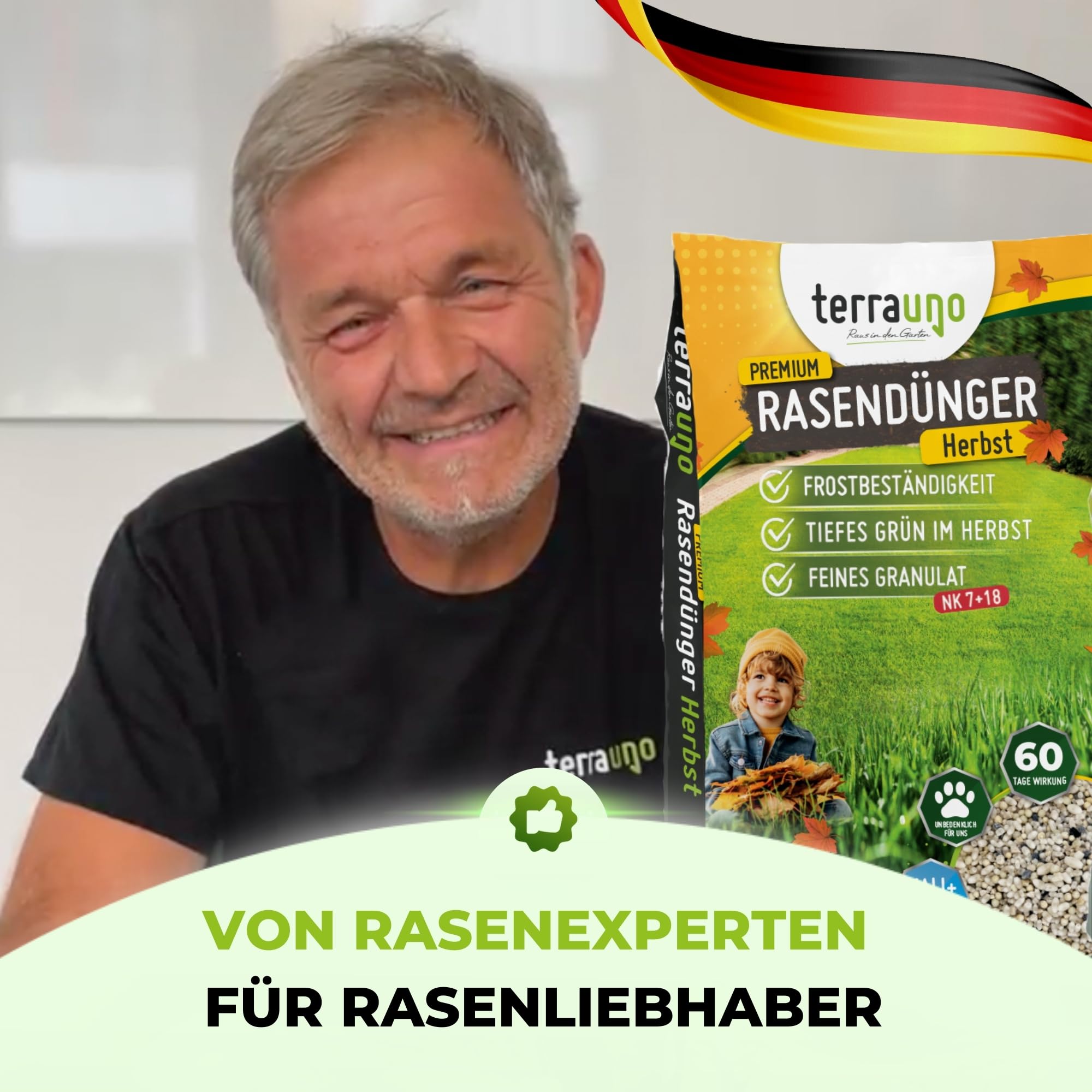 TerraUno Premium Herbstdünger Rasen, gesunder Rasen verdrängt Moos & Unkraut, Rasendünger Herbst mit 60 Tage Langzeitwirkung, 20 kg für 1000 m², Herbstrasendünger, Sofortwirkung, extra starkes Grün