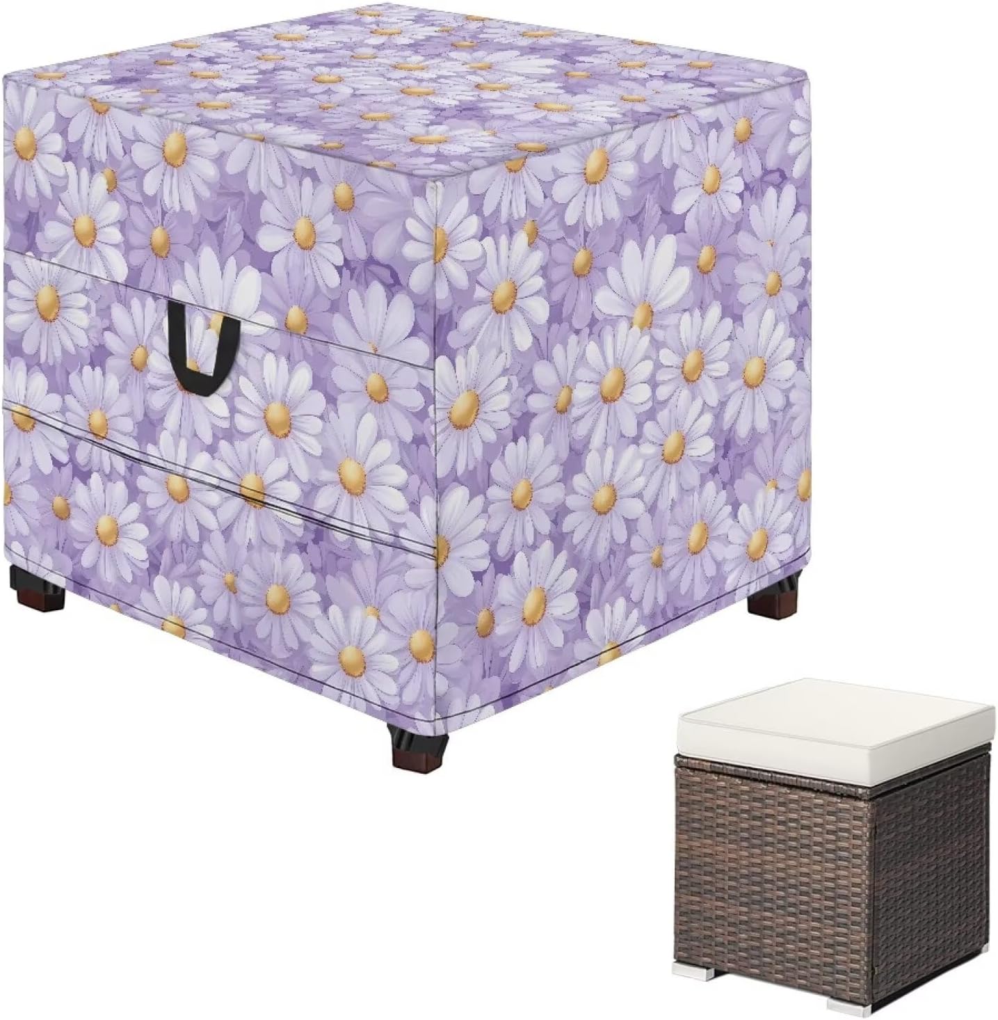 Dust Proof Ottoman Cover Purple Floral Outdoor Ottoman Covers Breathable Outdoor Furniture Protector Daisy Print Patio Footstool Slipcover