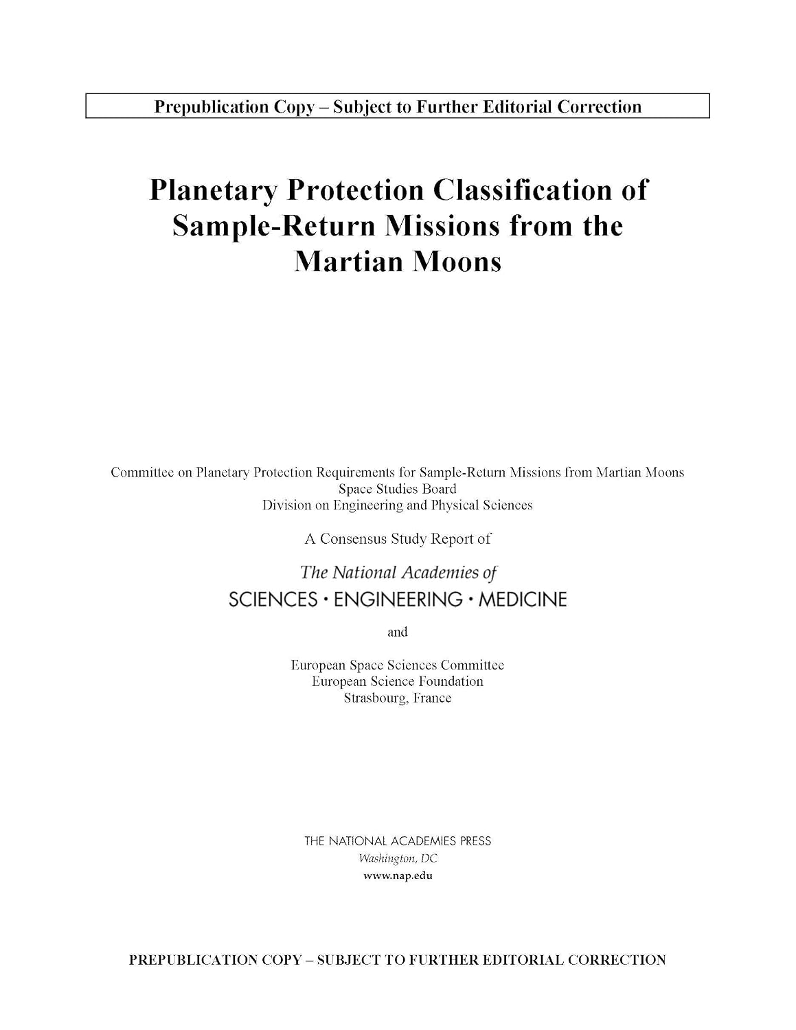 Planetary Protection Classification of Sample Return Missions from the ...