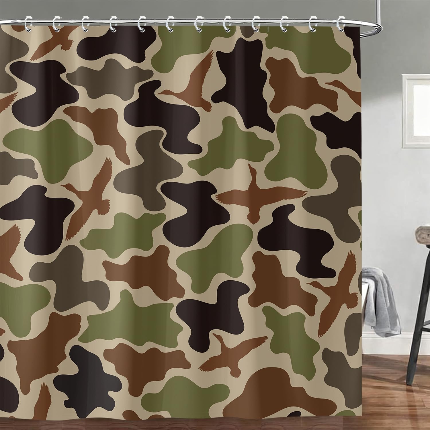 Duck Camo Hunter Green Shower Curtain, Woodland Hunting Boys Teens Shower Curtains Set, Rustic Wild Animal Kids Polyester Fabric Shower Curtains for Bathroom with Hooks 72X84IN Black Brown
