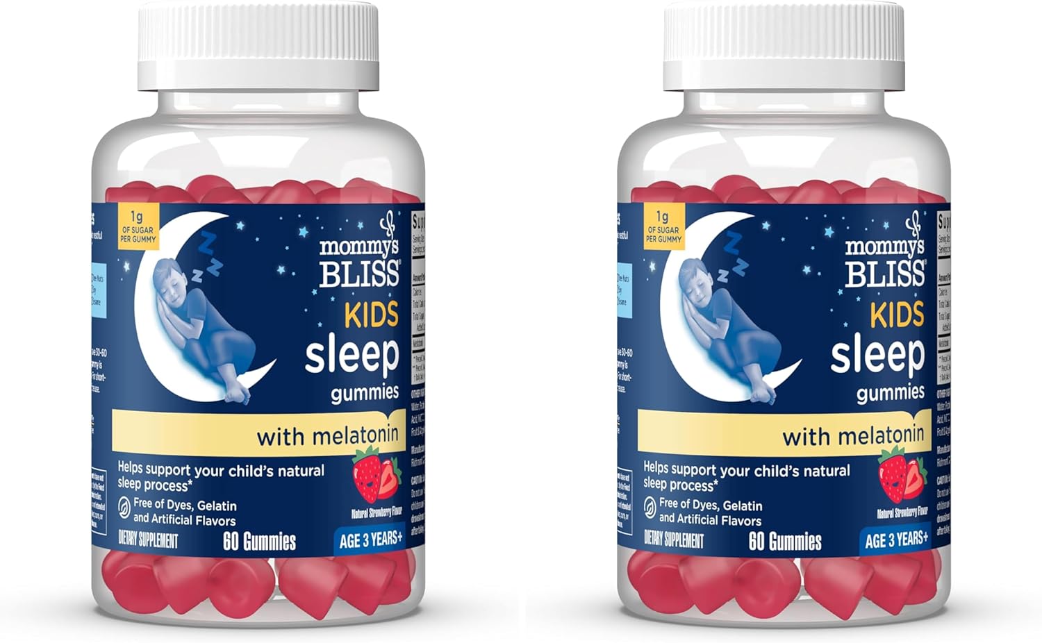 Mommy's Bliss Kids Sleep Melatonin Gummies, No Artificial Colors, Flavors or Gelatin, Strawberry Flavor, Age 3+, 60 Gummies (Packaging May Vary) (Pack of 2)