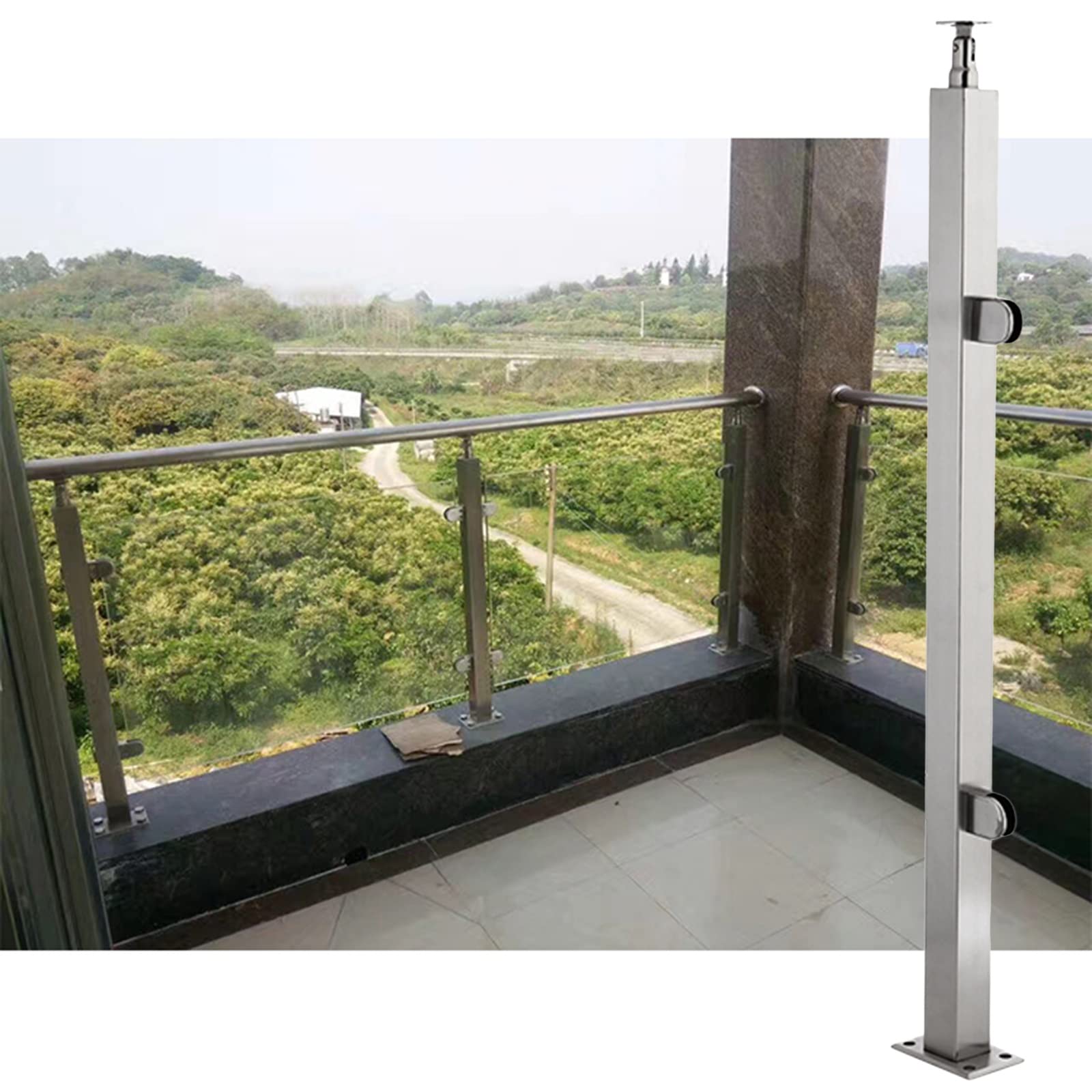 Poteau pour balustrade en verre de terrasse extérieure inox carré argent