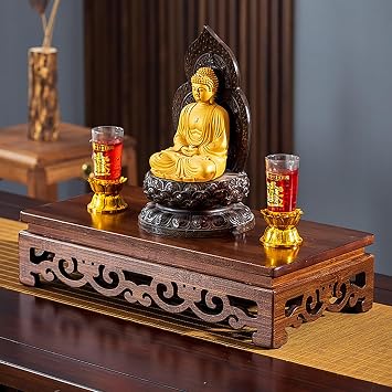 Buddha Altar Statue Stand, Tabletop Buddhist with Hollow Carving Design, Wooden Buddha Shelf, Chinese Fengshui Statue Display Cabinet for God of Wealth Guan Gong Guanyin Home Decor40cm