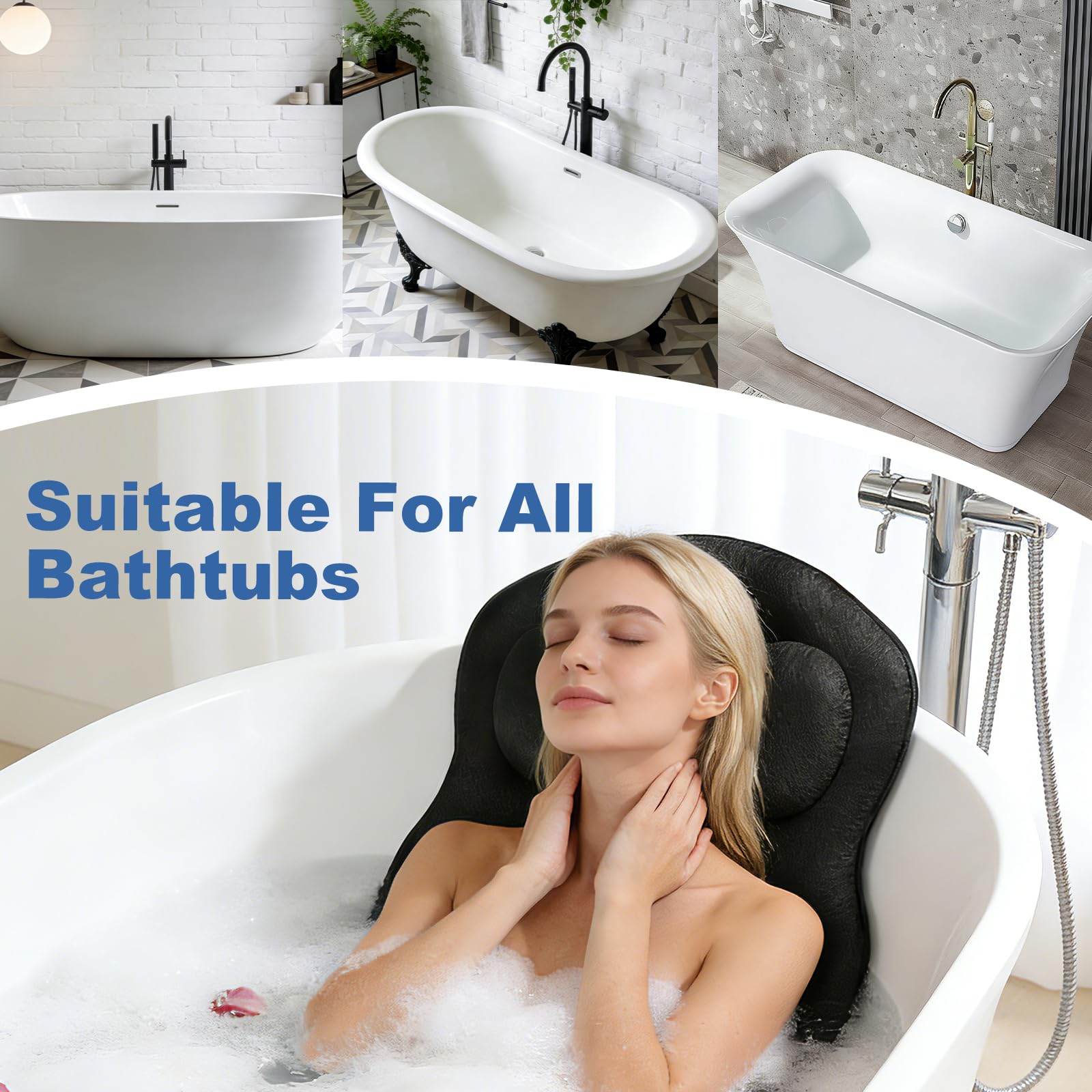 Almohada de baño de cuerpo completo para la bañera, alfombrilla de bañera engrosada con reposacabezas que apoya el cuello, la espalda y las piernas, cojín para bañera con ventosas y ganchos