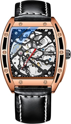 RORIOS Reloj de esqueleto automático para hombre, reloj mecánico automático con correa de cuero, reloj luminoso Tonneau reloj de viento automático,