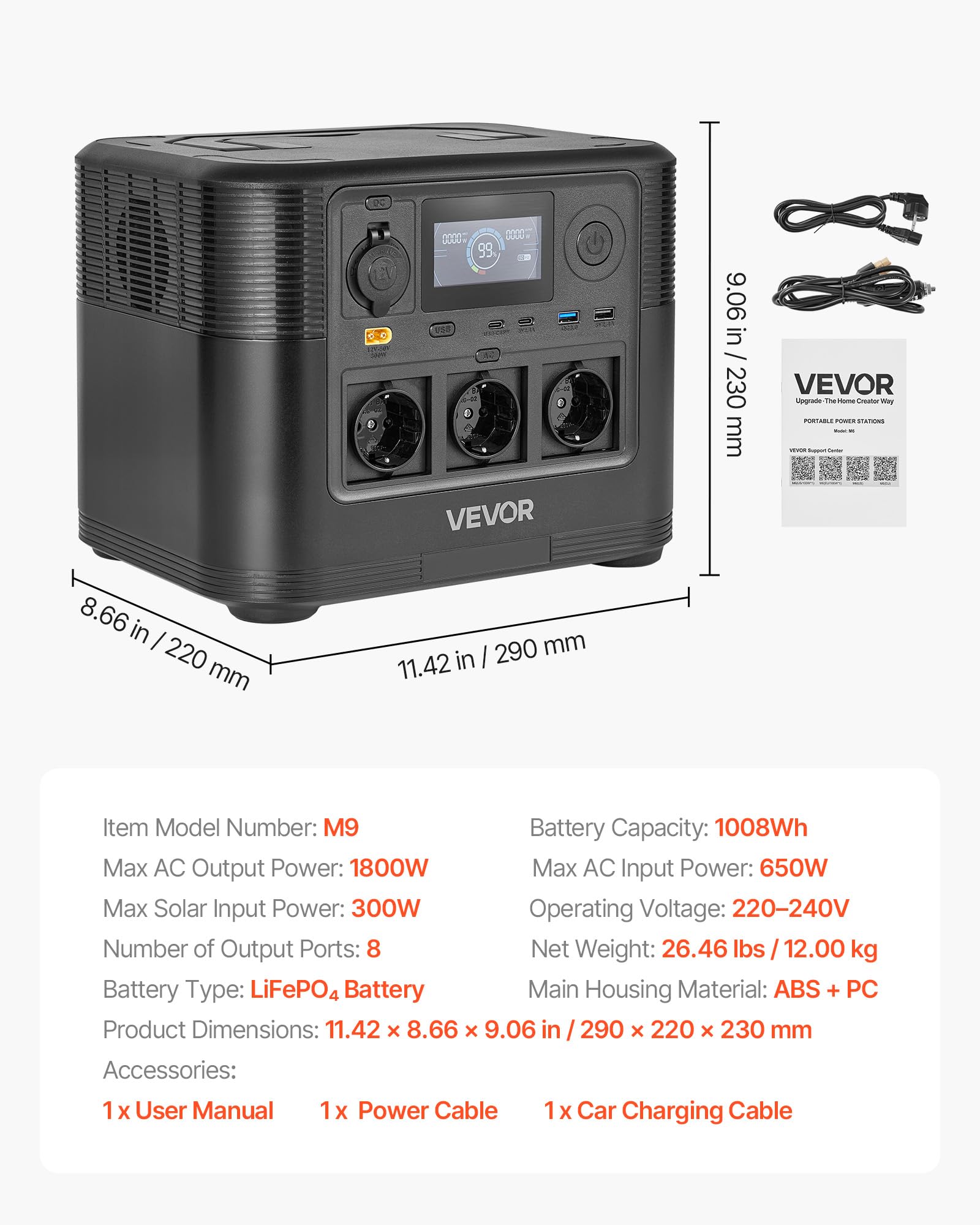 VEVOR Centrale Elettrica Portatile Generatore Solare da 1800 W Batteria di Backup LiFePO4 da 1008 Wh con 8 Porte di Uscite per Campeggio Viaggio Camper Emergenza, Pannello Solare Non Incluso