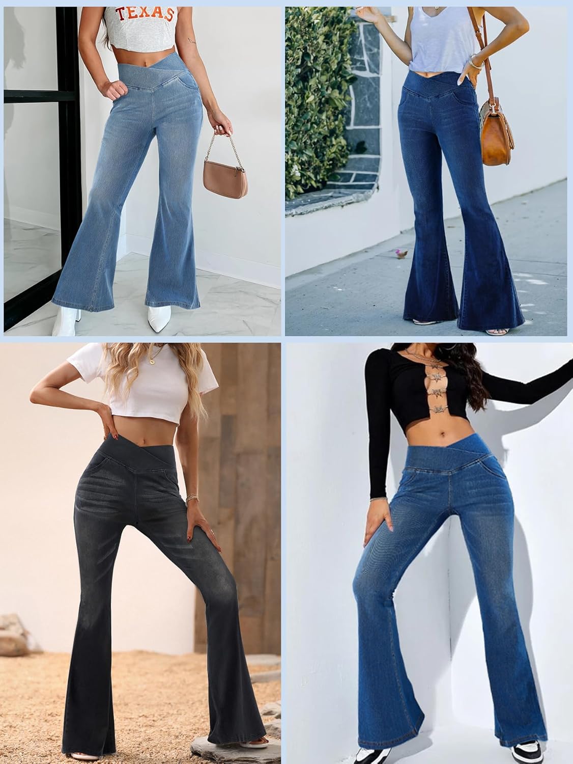 Bell Bottom Jeans for Women High Waisted Stretchy Flare Jeans Pull On Crossover Wide Leg Flared Pants with Pockets - Image 2