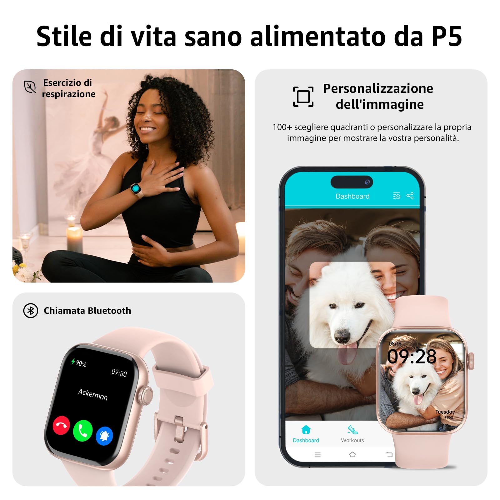 AcclaFit Smartwatch Uomo Donna, 1.85" Orologio Smartwatch con Effettua/Risposta Chiamate, 113 Sportive Smart Watch con Contapassi/SpO2/Sonno/Cardiofrequenzimetro, Impermeabil IP68 per iOS Android