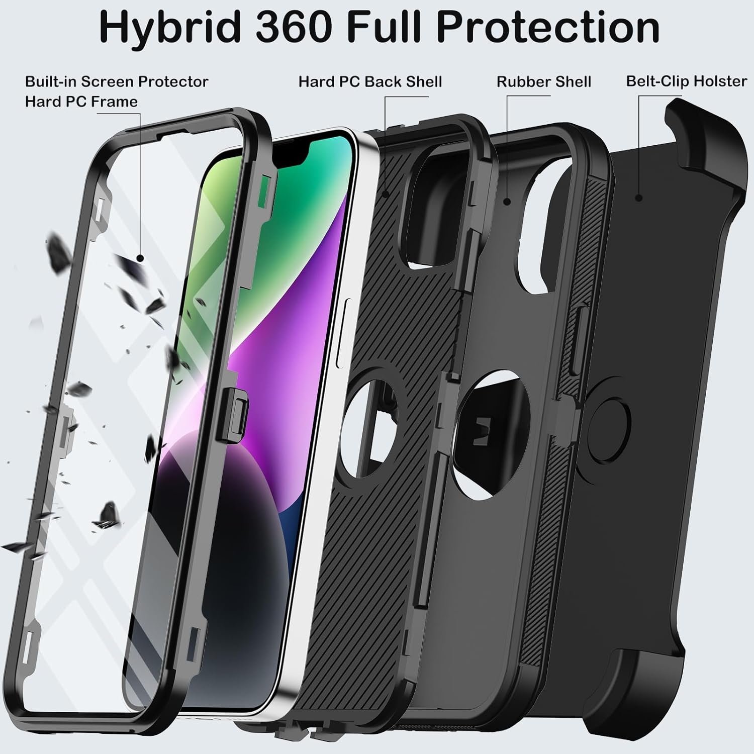 for iPhone 14 Case with Belt Clip Holster,Case for iPhone 13 with Built-in Screen Protector,Heavy Duty Shockproof Drop Protection Military Grade Rugged Durable Phone Cover with Kickstand (Black - Image 3