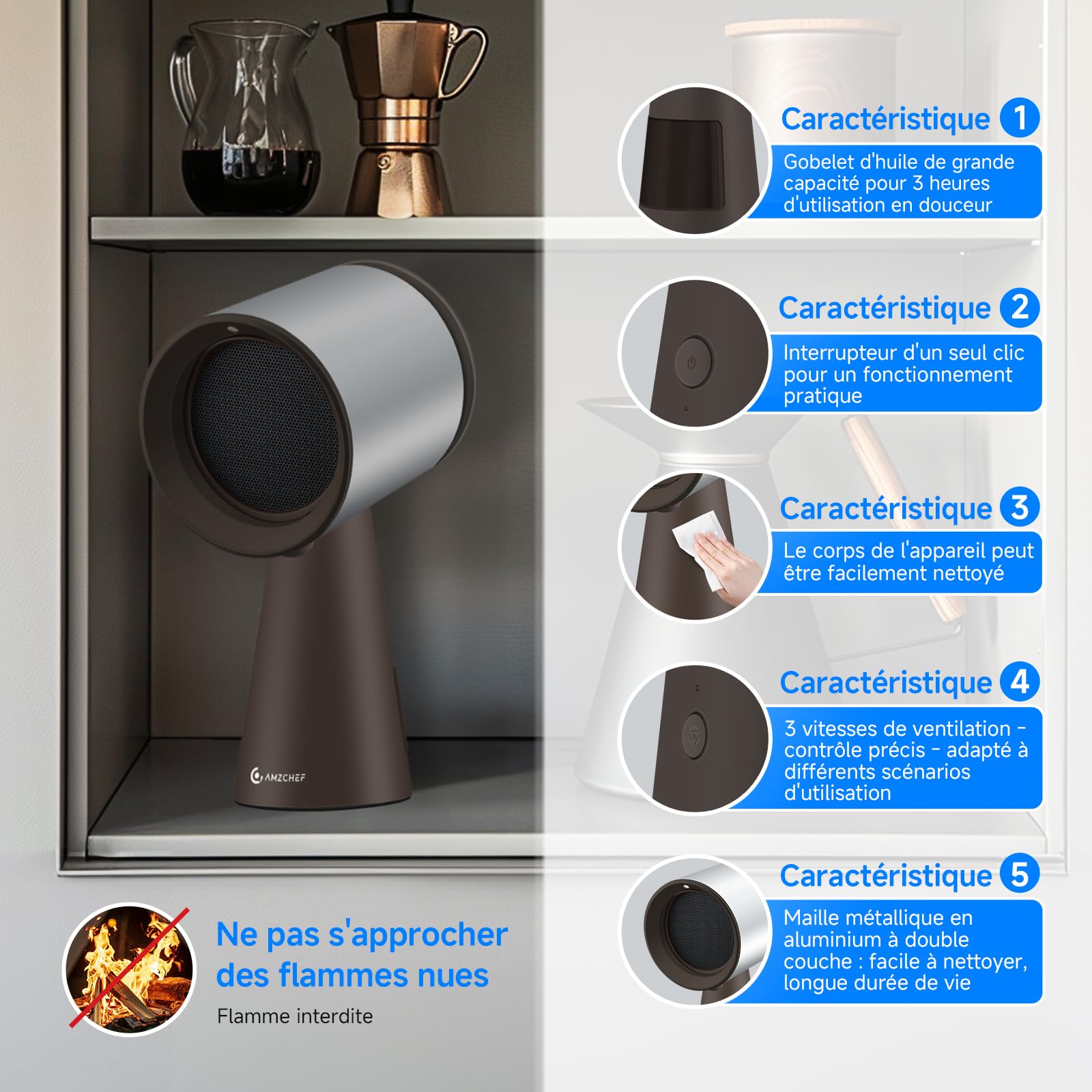 AMZCHEF Hotte Aspirante Portable, Sans installation Hotte Portable avec Ventilateur à 3 Vitesses, Faible Bruit, Aspiration de 120m³/h, Ventilateur de Cuisine Pour Barbecue Intérieur, Hot Pot, Marron