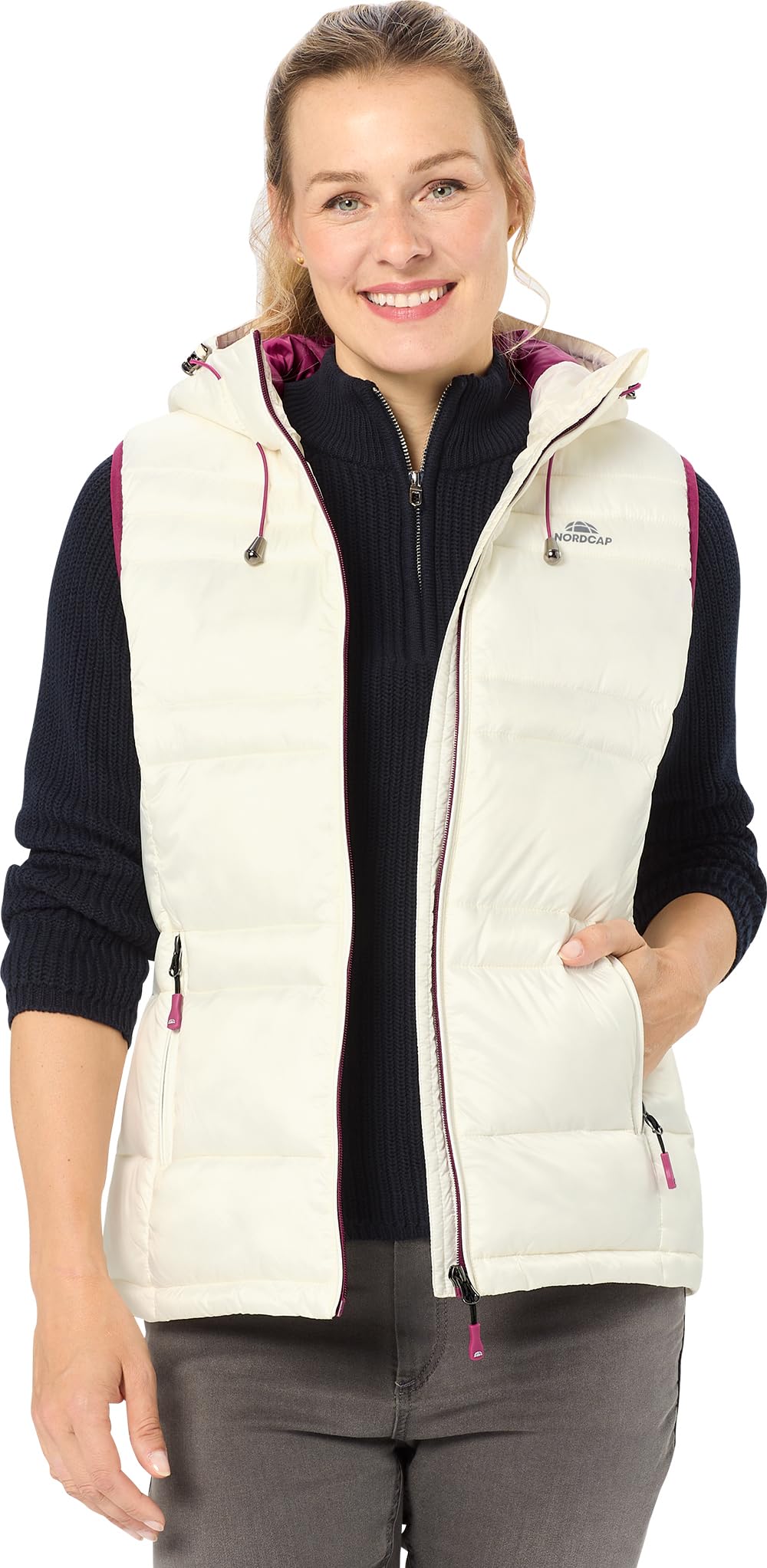 NORDCAP Damen Steppweste, leichte Outdoor-Weste, warm und windabweisend, sportliches Gilet mit Kapuze und Reißverschlusstaschen, ärmellos, Gr. 36-50