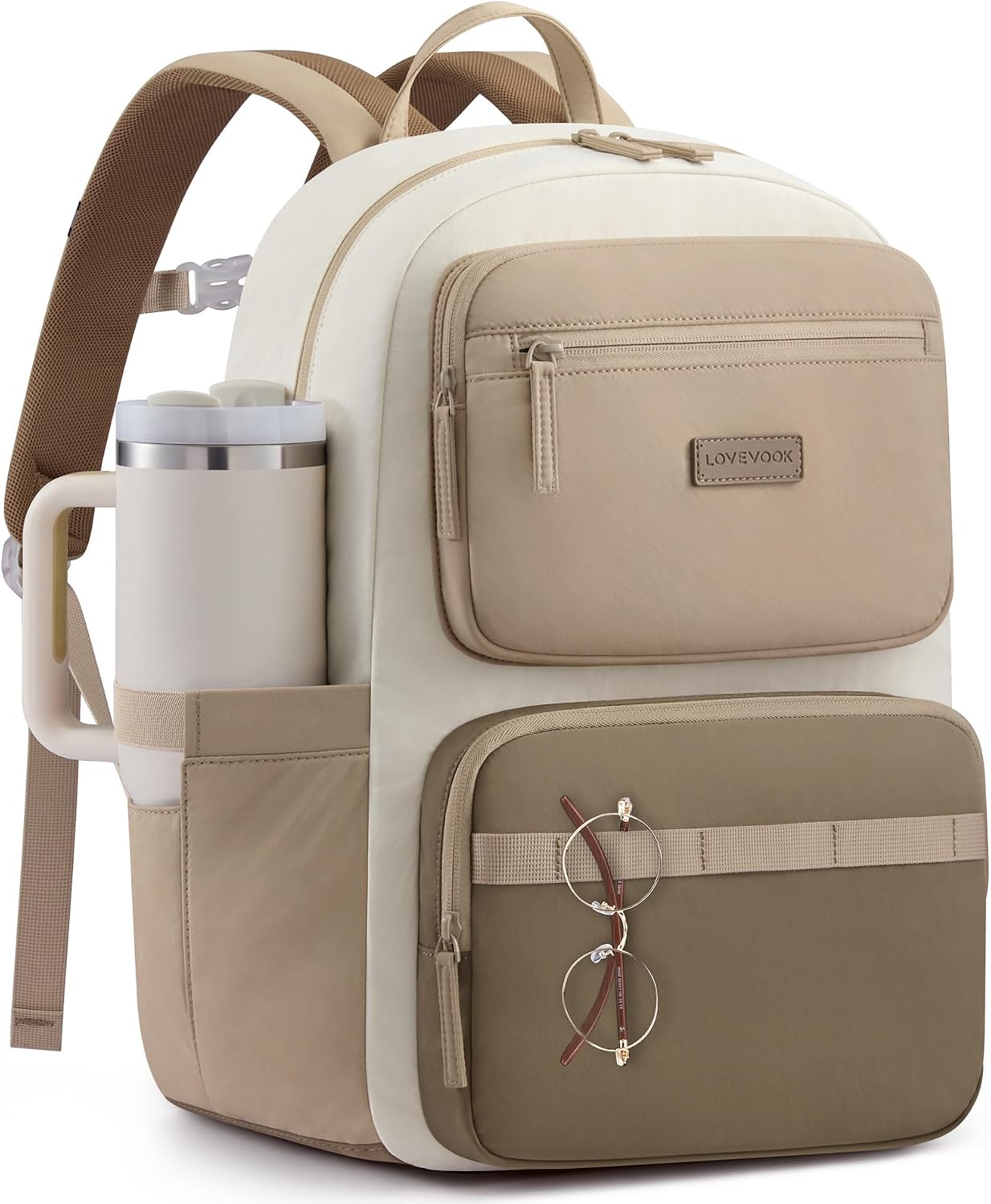 LOVEVOOK School Backpack for Teen Girls & Women,Laptop Backpack with Water Bottle Holder,Lightweight Work College Bookbag,Student Backpack for Middle High School,Beige-Khaki