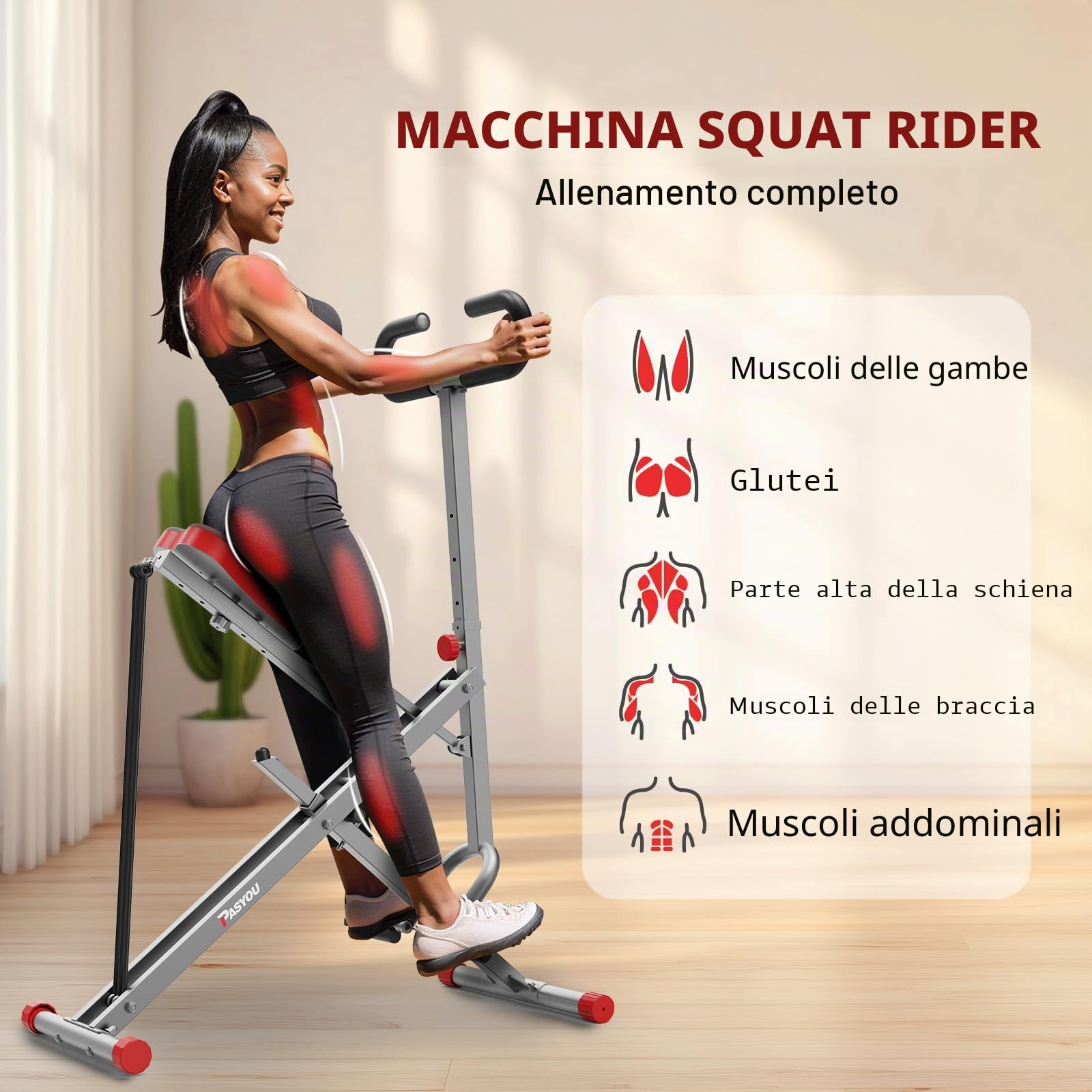 PASYOU Row-N-Ride Trainer per Squat assistito per Allenamento di Glutei e Gambe, Vogatore Pieghevole, Macchina per Squat per Addominali, Addominali, Braccia, Gambe, Schiena,Carico Fino a 122 kg