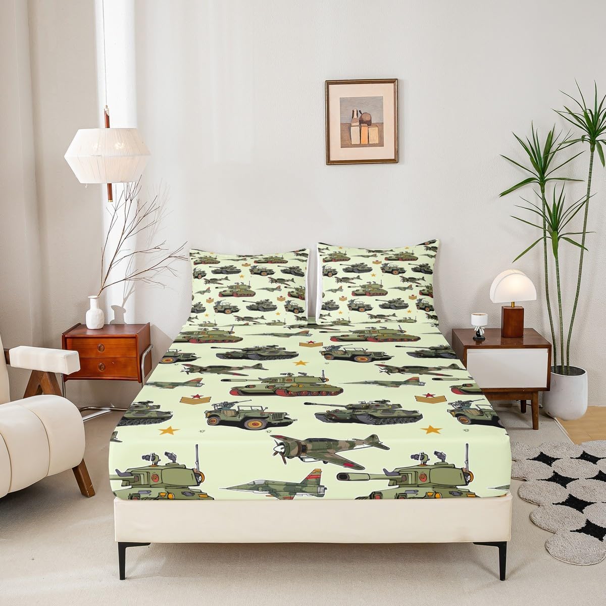 Aircraft Tank Fitted Sheet Twin Size, Green Camo Helicopter Airplane Bedding Set 2pcs for Kids Boys Room Decor, Military Army Equipment Bed Cover with 1 Pillowcase, Soft Deep Pocket Sheets, No Flat