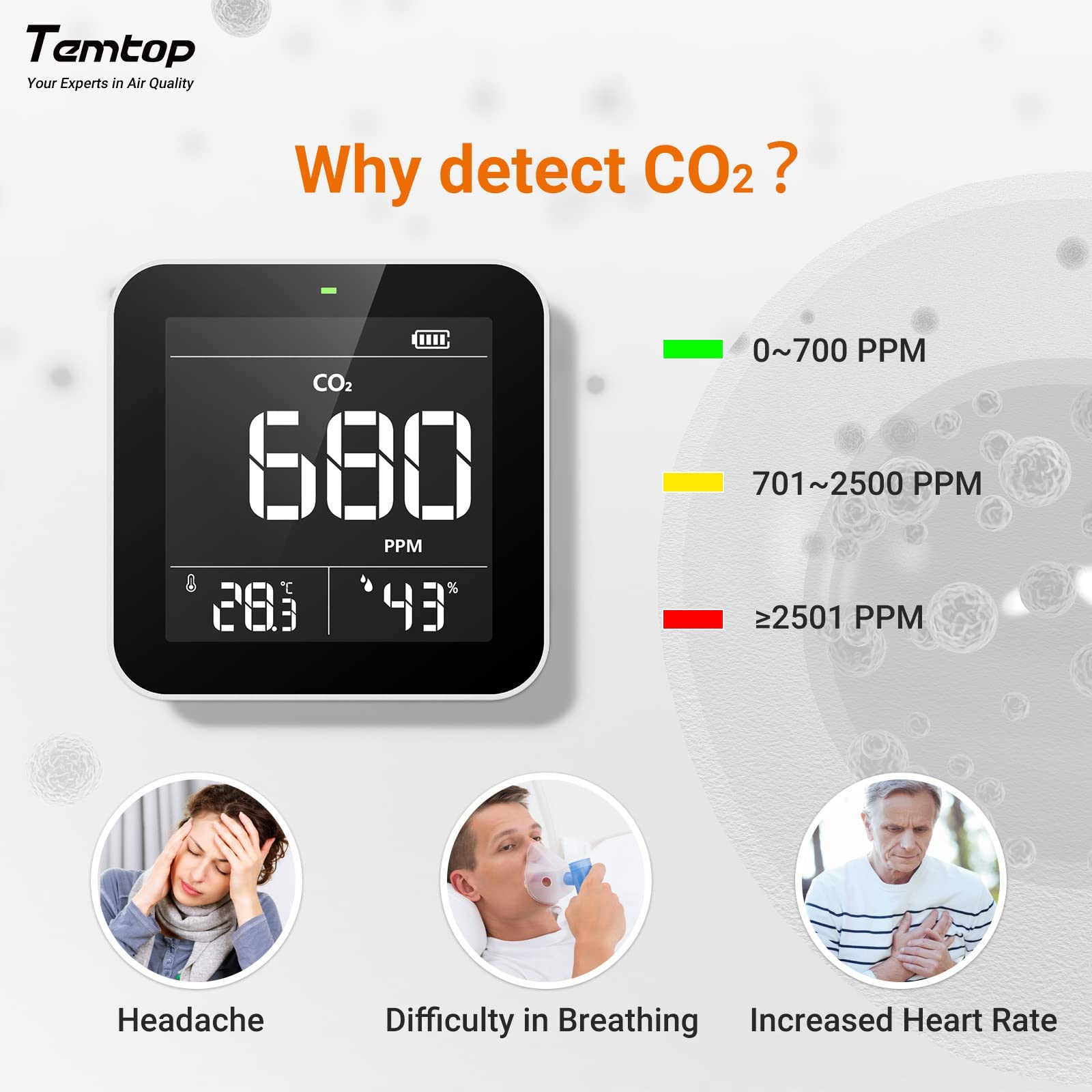 Temtop C10 - Medidores de Calidad de Aire Inteligentes, Detector de CO2, Detector de Calidad del Aire, Monitor de CO2, Detector de dióxido de Carbono Interior, probador de CO2