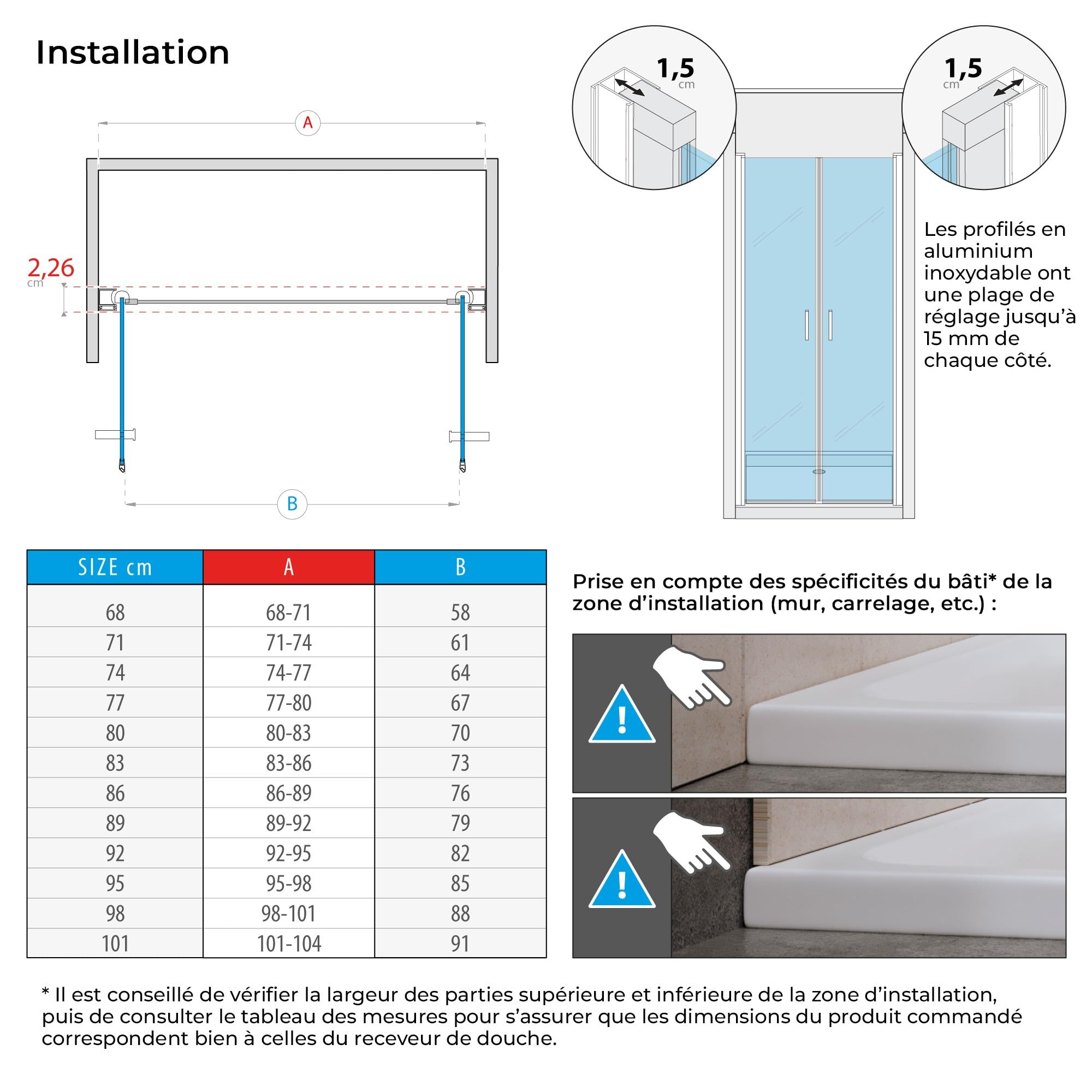 KAYA-BLACK Porte de douche H. 195 cm, largeur réglable 77-80 cm, verre transparent anticalcaire