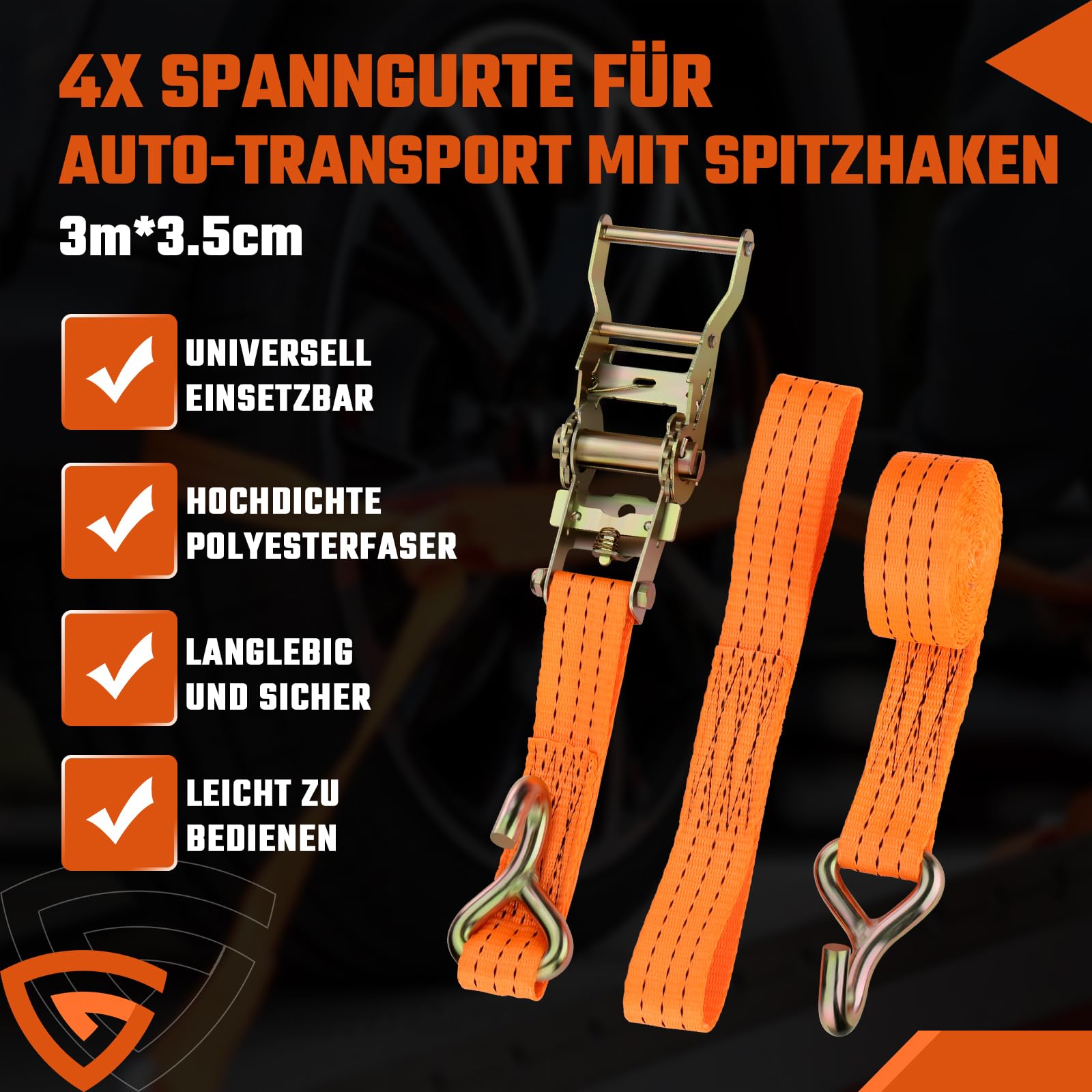 GEARMONSTER 4-częściowy pas mocujący do transportu samochodu, pas zabezpieczający koła, pas mocujący z haczykiem, 3 m, 35 mm