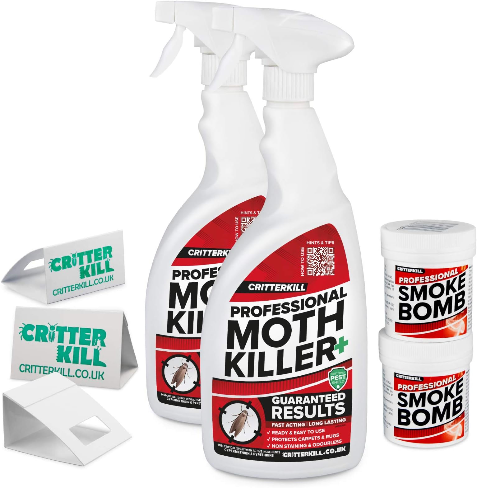 CritterKill Moth Killer Kit - For Low Level Home Infestation - Moth Spray + Smoke Bombs + Insect Traps (2L Spray / 2x16g Bombs / 3 Traps)