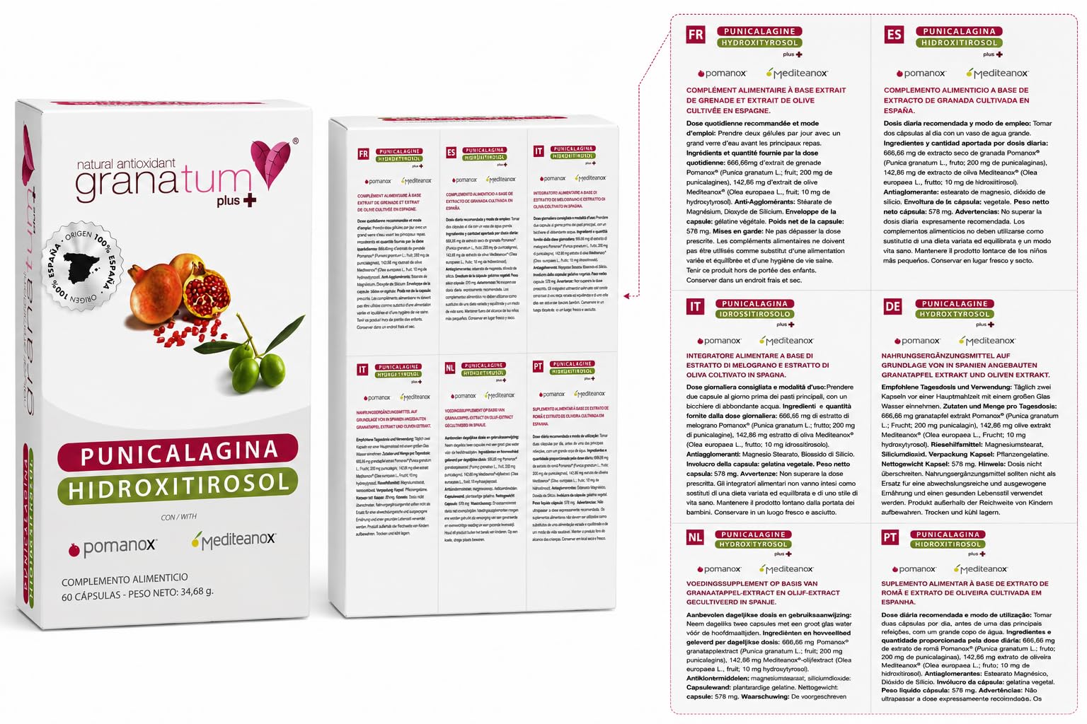 Granatum Plus - Punicalagine et Hydroxytyrosol - Extrait de Grenade et d'Huile d'Olive Extra Vierge - Antioxydant et Anti-inflammatoire - Soin de la Peau - Produit en Espagne - 1 Boîte de 60 Gélules