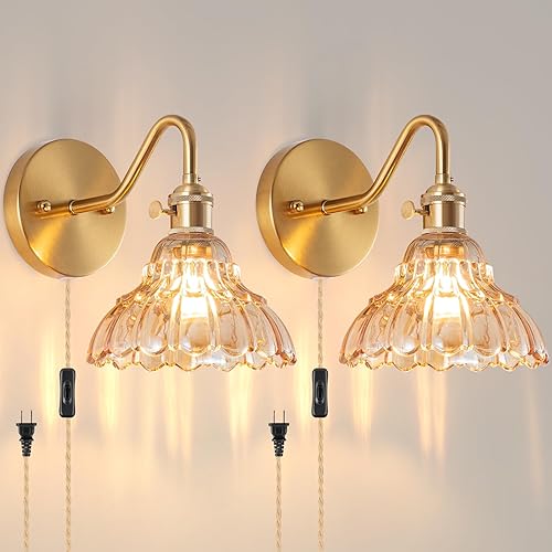 Aplique de pared enchufable (juego de 2), lámpara decorativa de pared vintage con pantalla de vidrio ámbar, aplique de pared de latón para