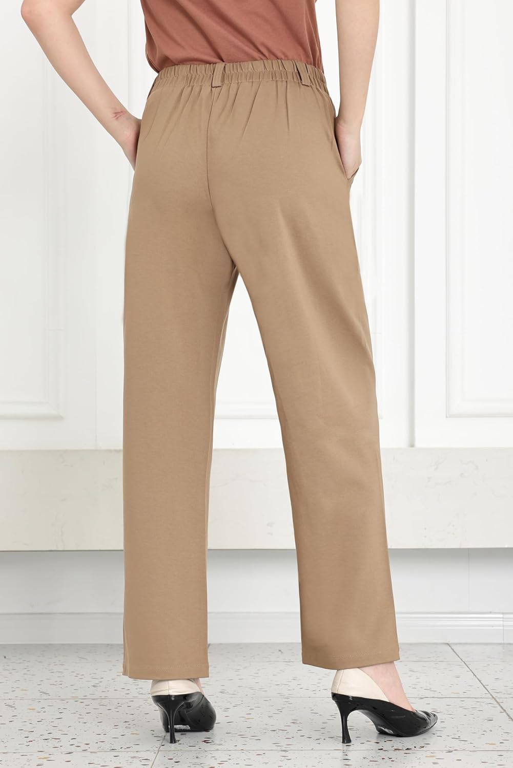 bamans dress pants for curvy women wide leg work business office high elastic waisted casual slacks trousers with pocket 29" inseam medium dark khaki