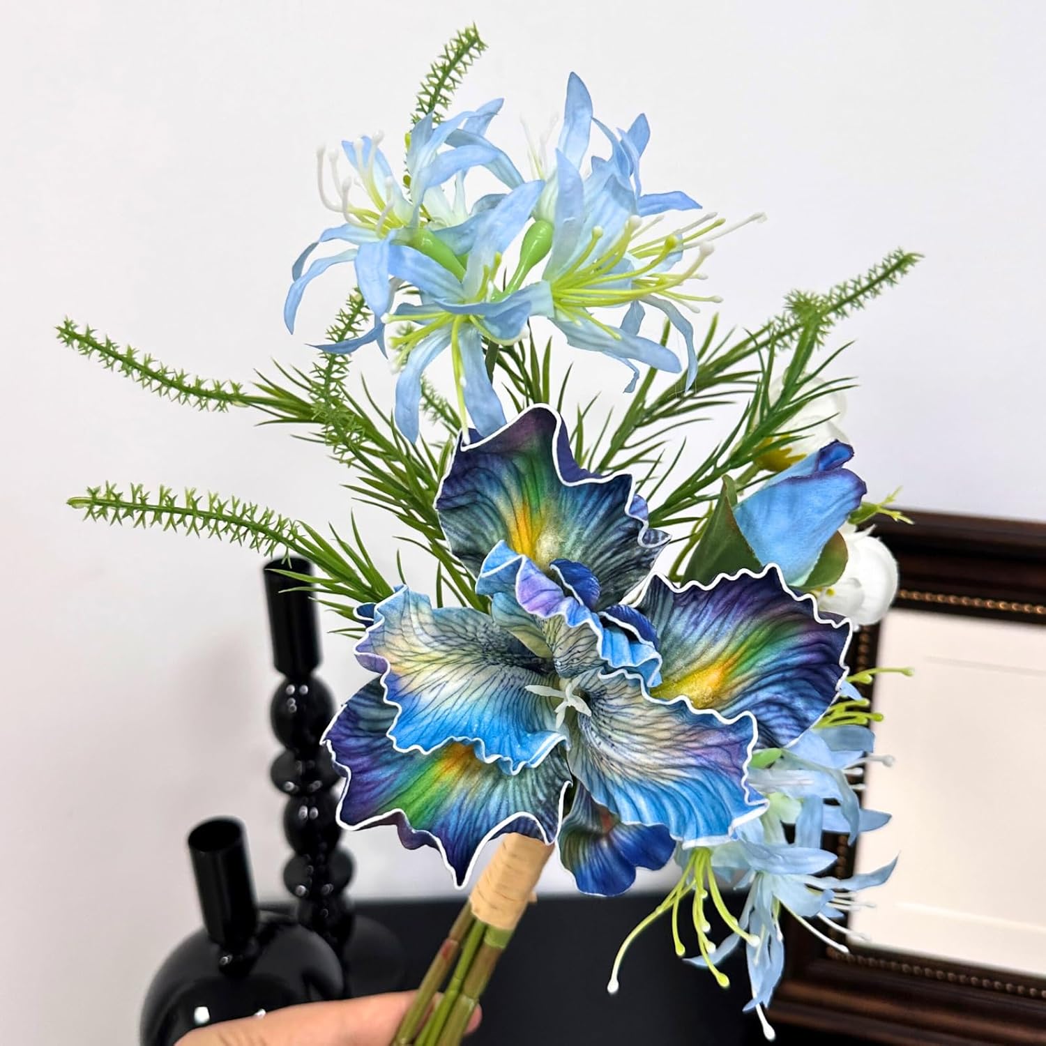ASTRYAS Fake Flowers in Vase, Artificial Flowers with Vase, Faux Flowers Arrangement Decoration for Farmhouse Dining Table Decor, Coffee Table Centerpiece Home Decor(Blue Iris)