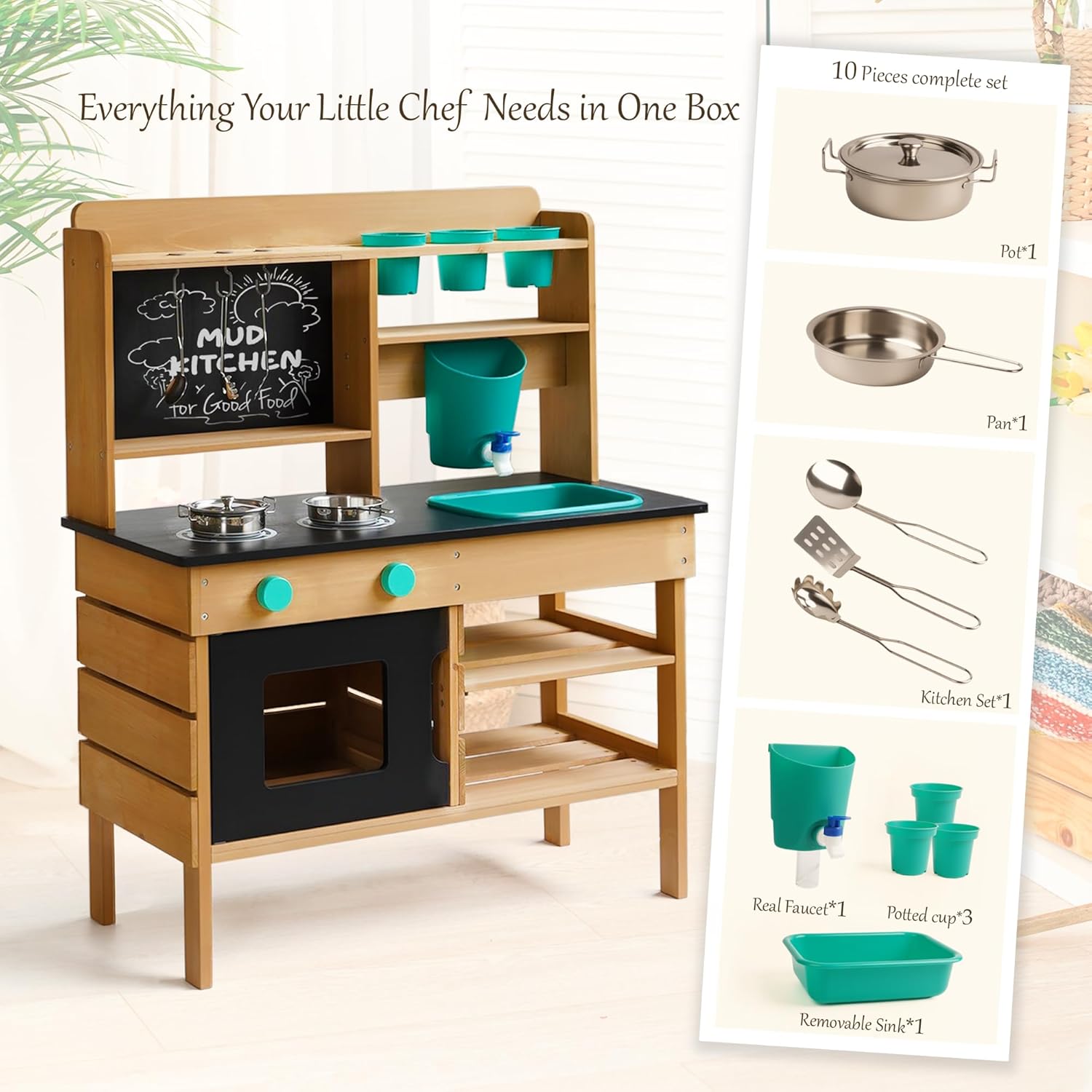 Wooden Mud Kitchen for Kids Outdoor - Outdoor Play Kitchen for Toddlers 3-8, Kids Play Kitchen with Real Working Faucet, Chalkboard & Accessories, Gardening Montessori Toys for Backyard & Garden