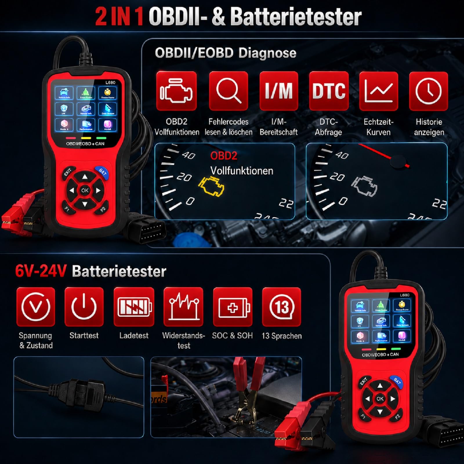 OBD2 Diagnosegerät, KFZ Fehlerauslesegerät mit Batterietester, OBDII/EOBD Auto Scanner, Fehlercodes lesen und löschen, Live Daten, 12V/24V Batterieprüfung, 13 Sprachen.