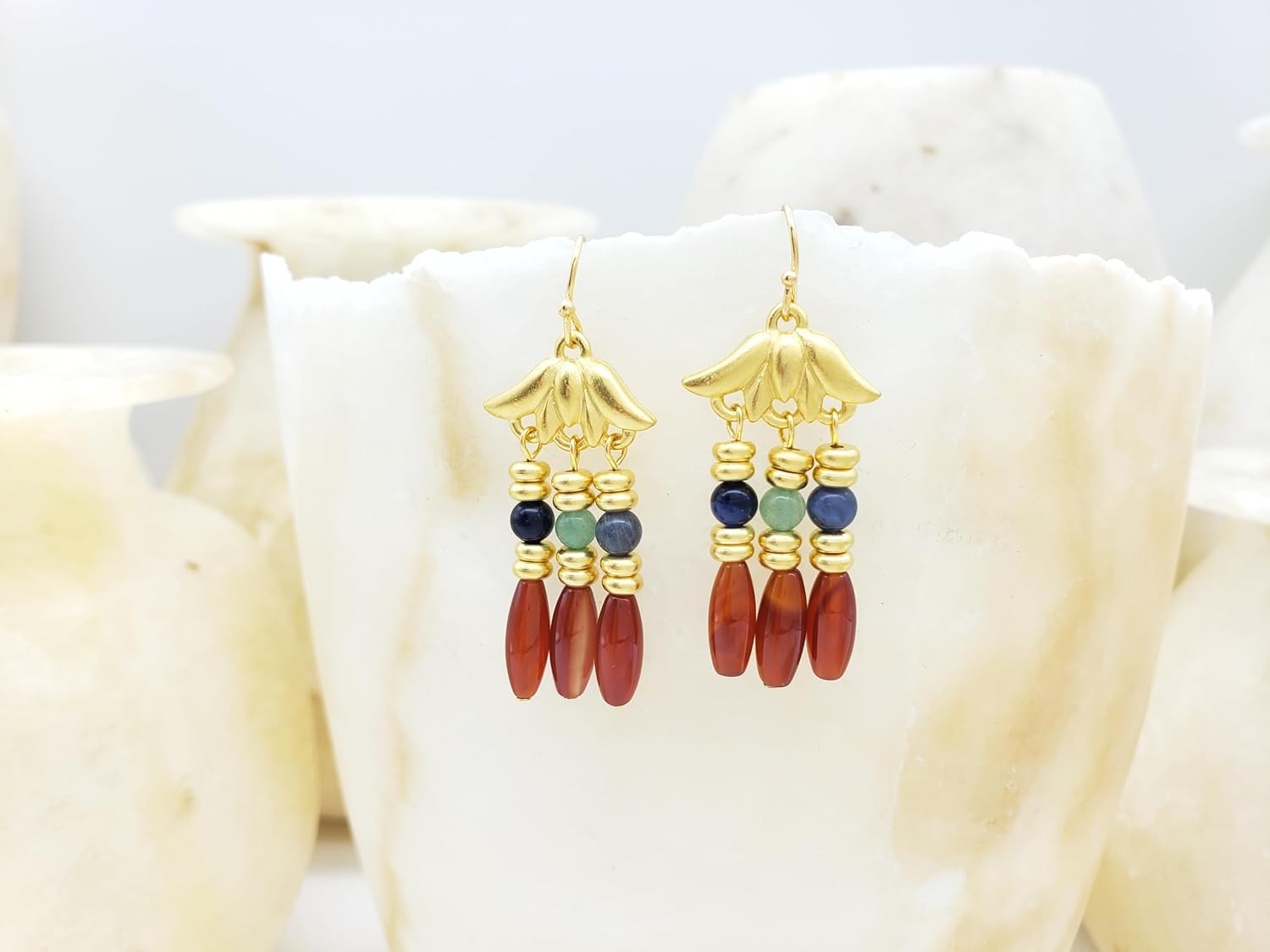 Lotus Triple Drop Earrings - Carnelian, Sodalite and Aventurine - Egyptian Inspired