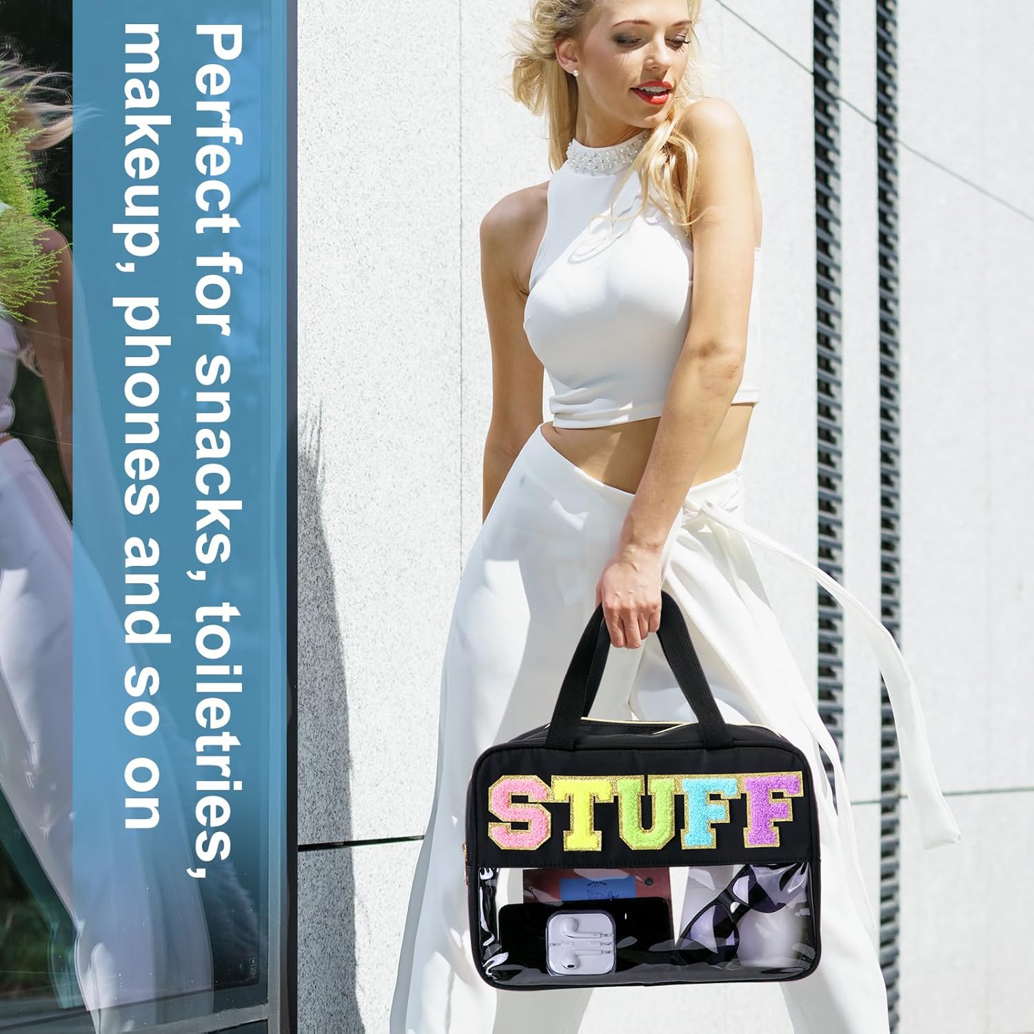 Pinkunn Black Makeup Bag Large Clear Chenille Letter Stuff Bags Double Zipper Layer Waterproof Nylon Cosmetic Bag with Wet Dry Separation Travel Toiletry Organizer Pouch for Women Girls - Image 6