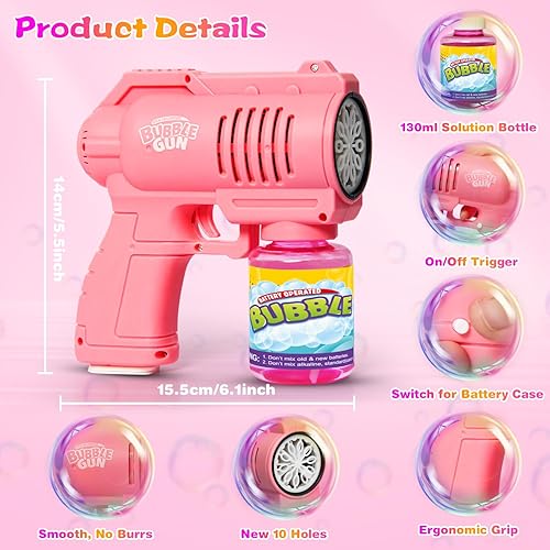 Miniatura 6 de Pistola de burbujas para niños, silenciosa y automática de 10 agujeros con juguete de fabricación de burbujas LED, juguetes para hacer burbujas más