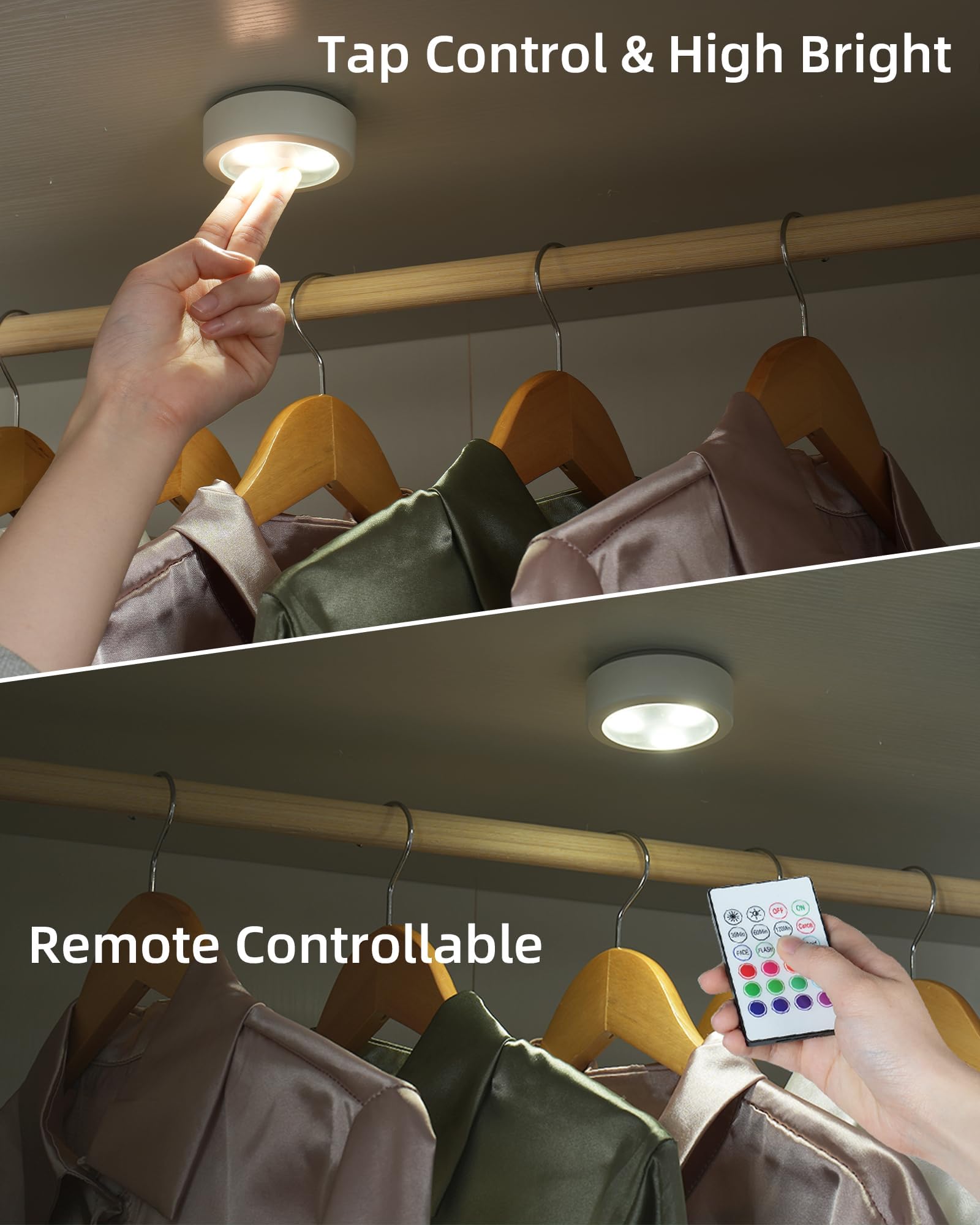 EZVALO Puck Lights with Remote,1200mAh Rechargeable Tap Light,RGB LED Display Lighting, Wireless Closet Light,Under Cabinet Lighs,Sitck On Lights for Kitchen,Closet,Pantry,Shelves(6 Packs)