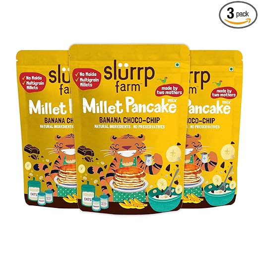 Slurrp Farm No Maida Pancake Mix | Instant Breakfast Mix Made with Oats and Jowar | 100% Vegetarian Eggless Healthy Breakfast for Kids & Adults | Banana Chocochip- Pack of 3 X 150g