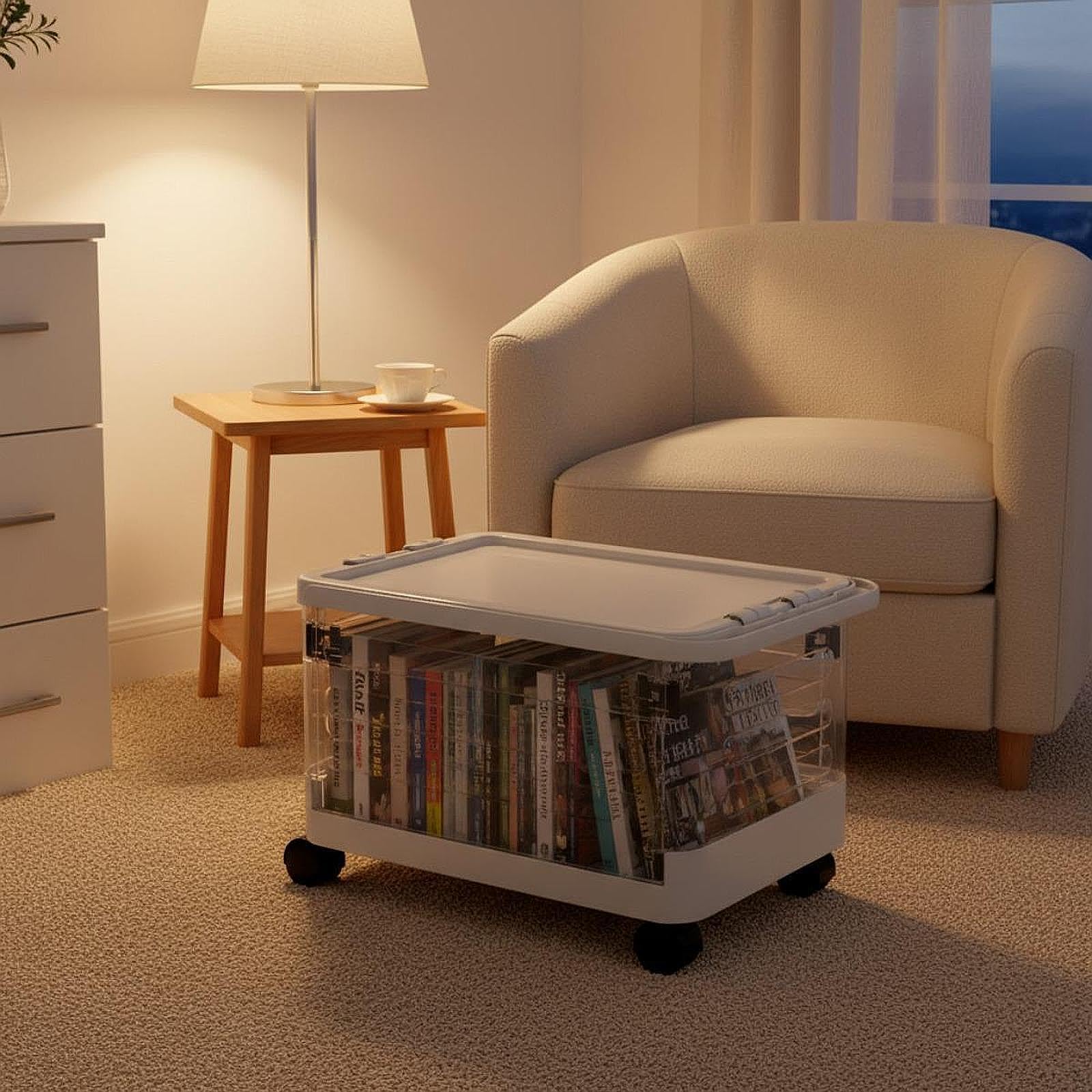 Qianly Carrello Pieghevole Portatile Cassetta con Manico Telescopico Ruote PP Multifunzione per Libri Spesa Organizzazione Cancelleria Materiale Didattico, Chiaro
