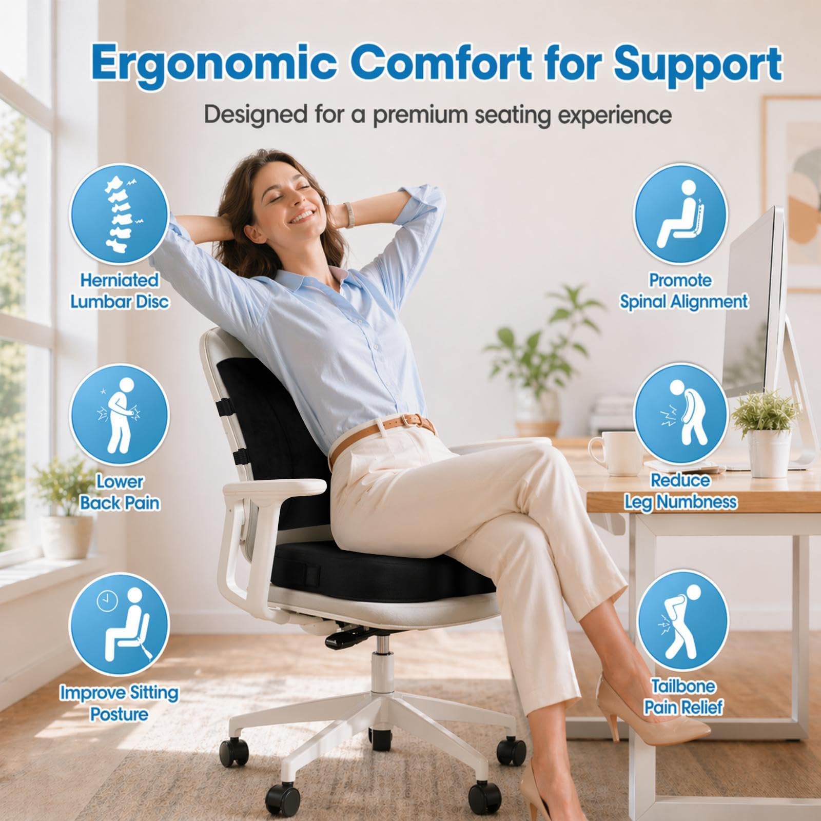 CloudBliss Cuscino per sedia, cuscino per sedia da ufficio, cuscino per sedile auto, cuscino di supporto lombare per sedia da ufficio, cuscino in memory foam per coccige e sollievo dal dolore alla